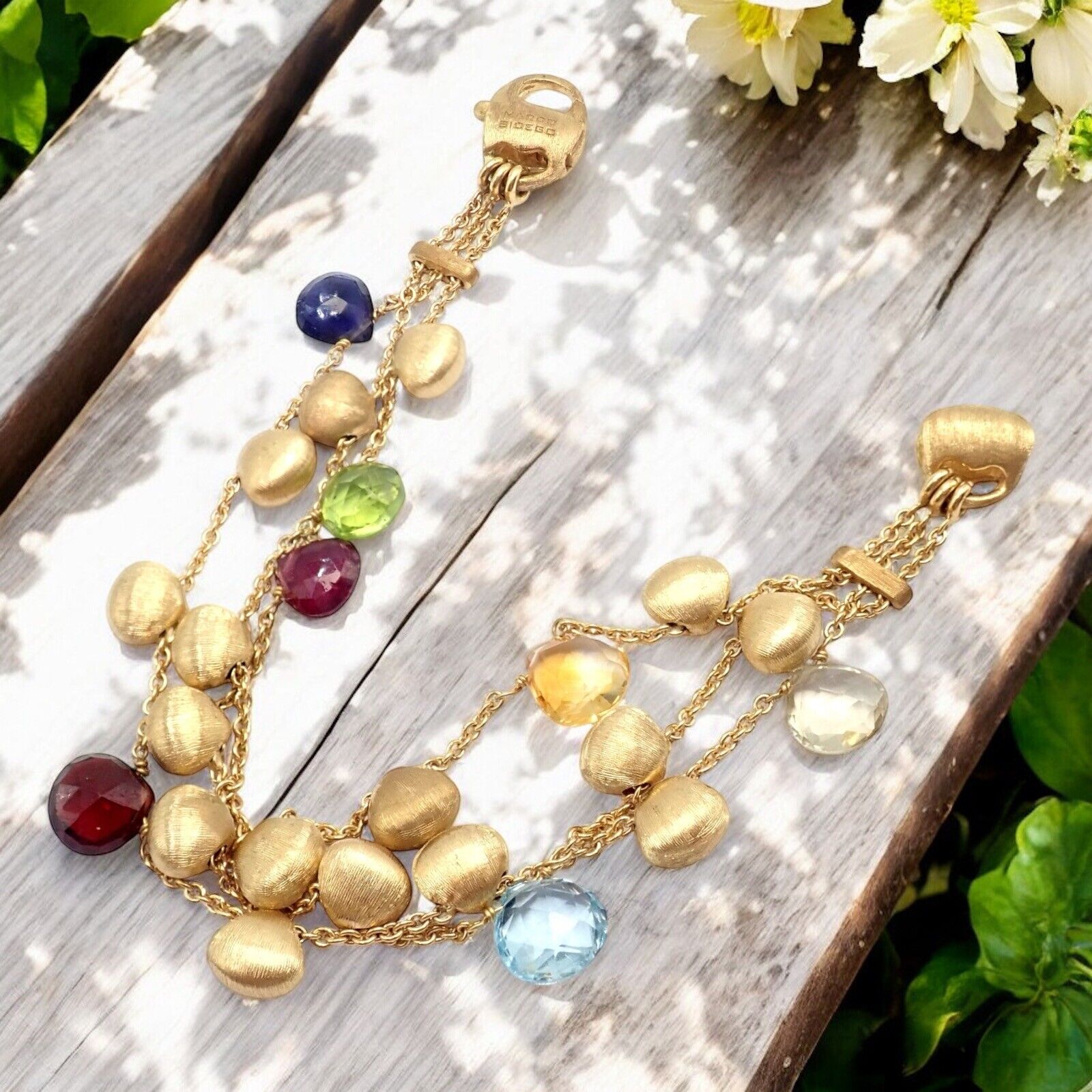 Authentic! Marco Bicego 18k Yellow Gold Paradise Multicolor Gems 3 Row Bracelet | Fortrove