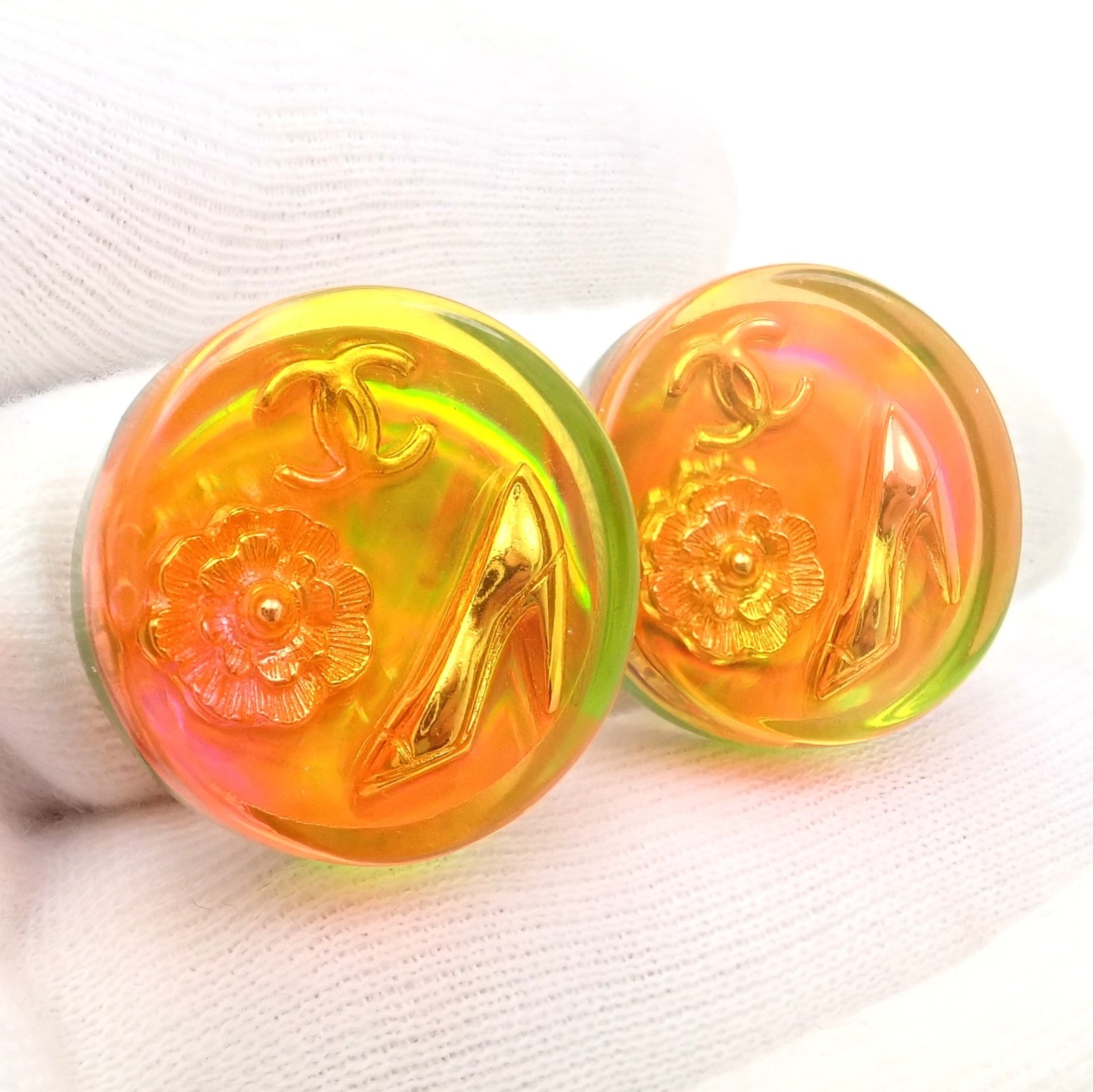 Rare! Vintage Chanel Paris France Holographic Logo Camellia Earrings 1997 Spring | Fortrove