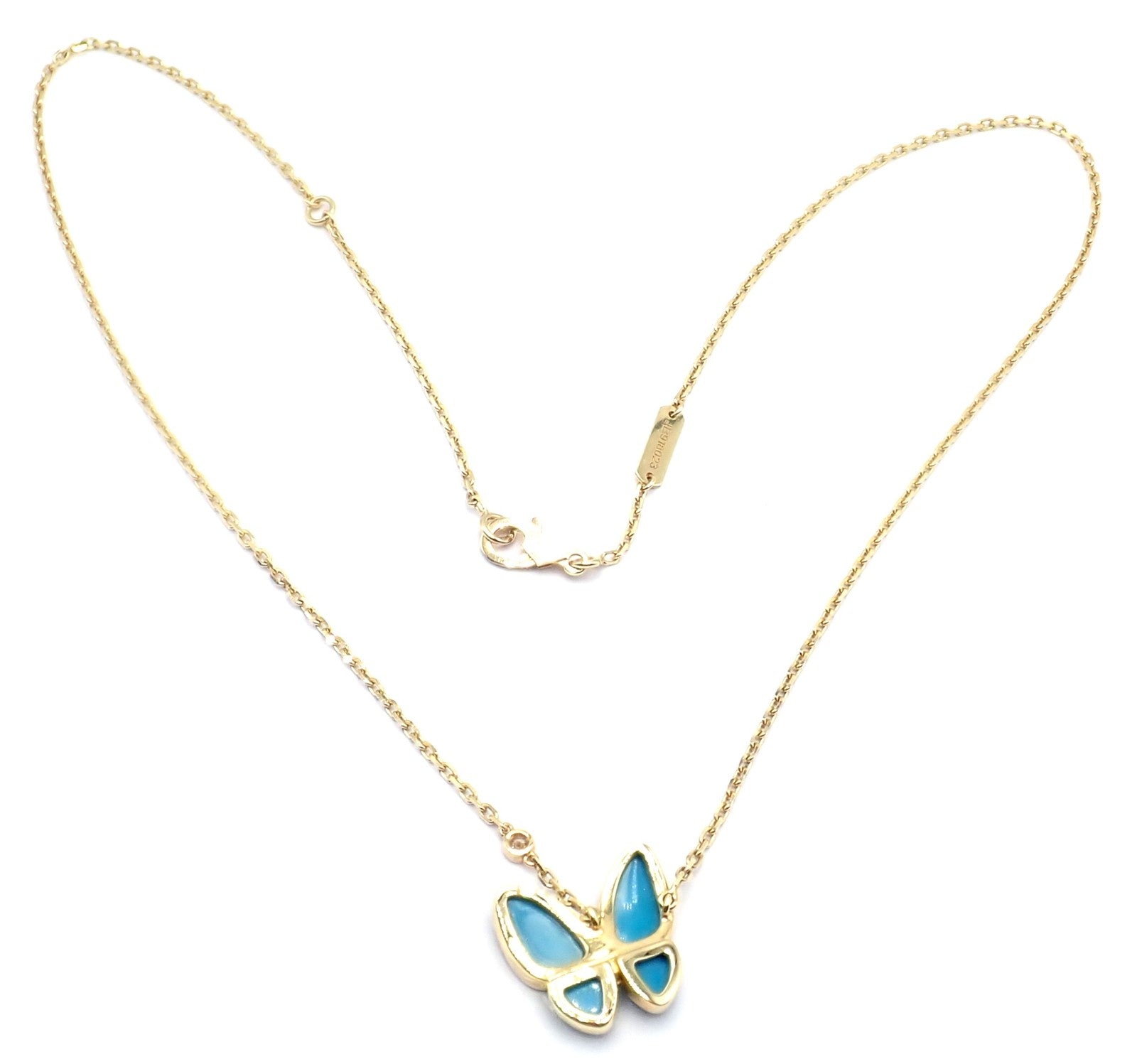 Van Cleef & Arpels 18k Gold Diamond Turquoise Butterfly Pendant Necklace Cert. | Fortrove