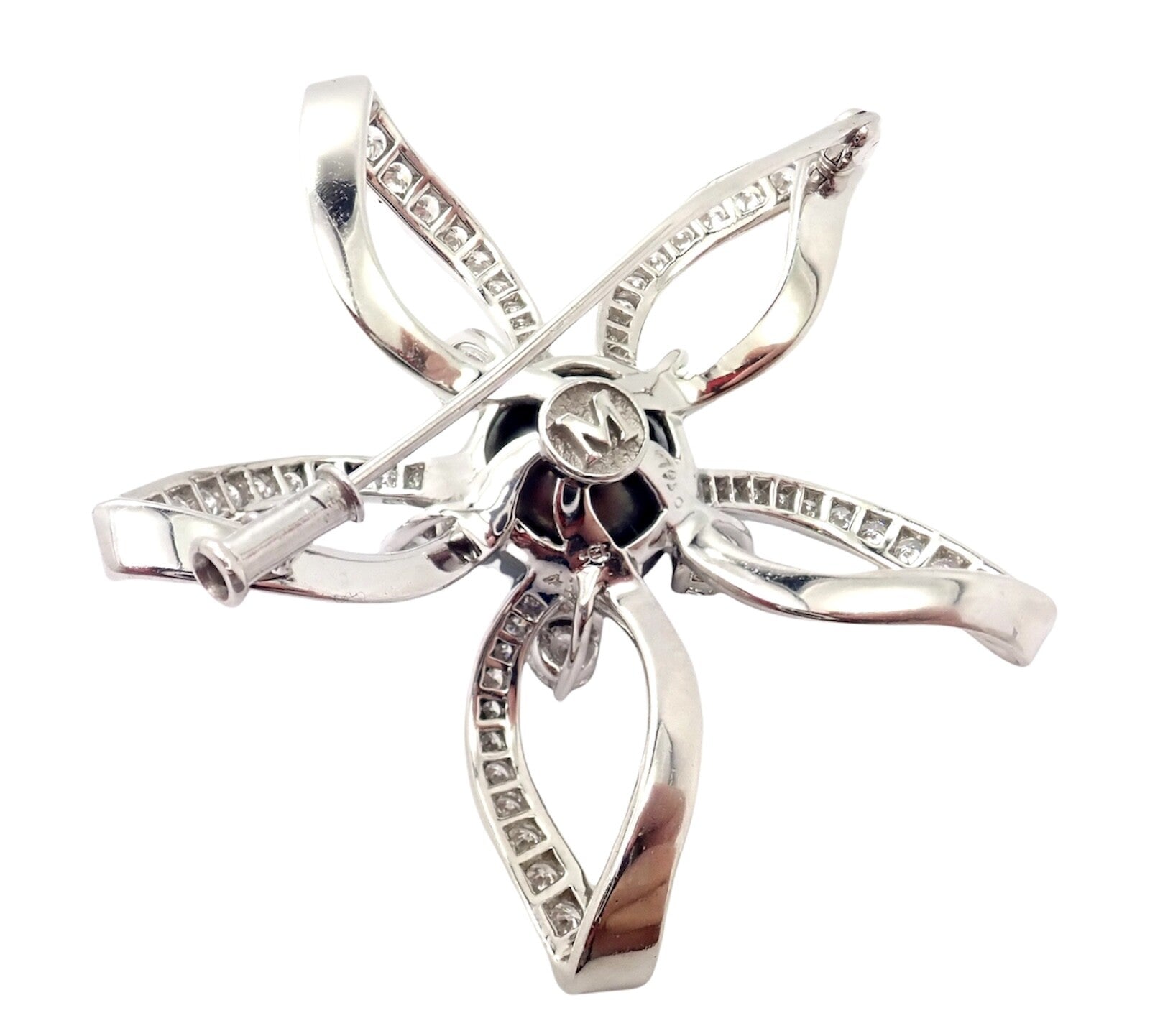 Rare! Authentic Mikimoto Platinum Diamond Tahitian South Sea Pearl Brooch Pin | Fortrove