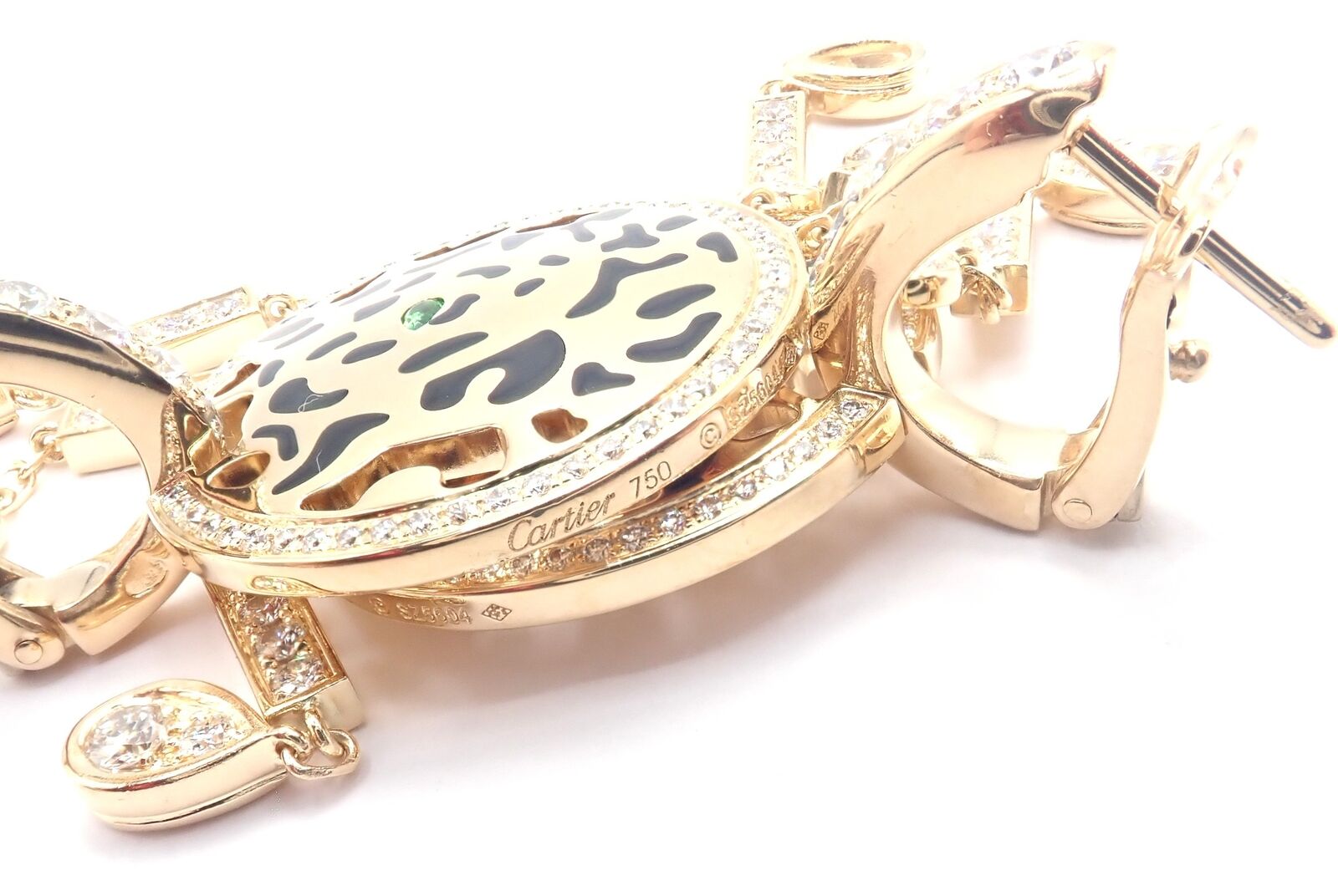 Authentic! Cartier Panther 18k Yellow Gold Diamond Lacquer Tsavorite Earrings | Fortrove