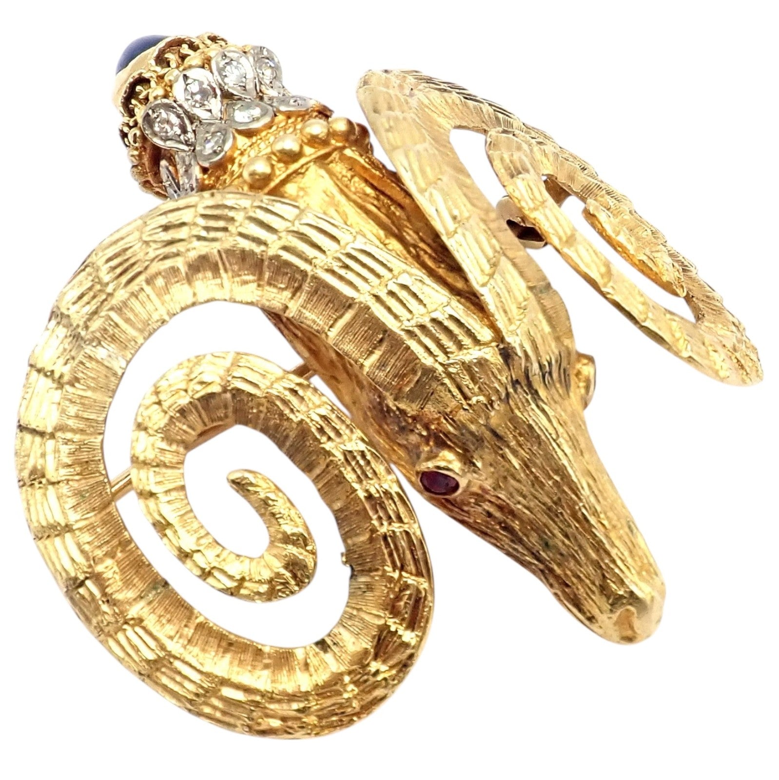 Rare Ilias Lalaounis 18k Yellow Gold Ram Ares Diamond Ruby Sapphire Large Brooch | Fortrove
