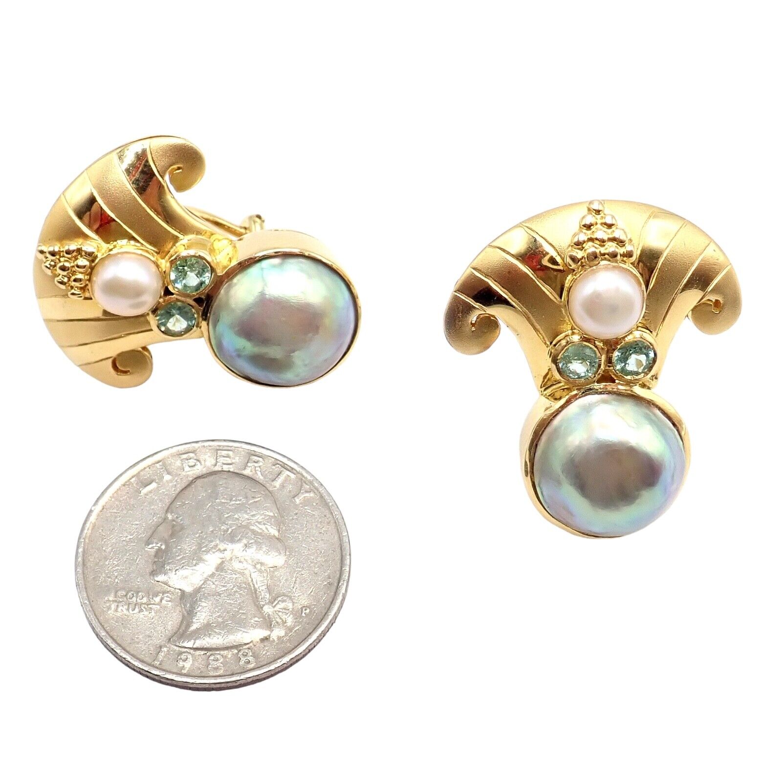 Rare! Vintage Paula Crevoshay 18k Gold Abalone Pearl Blue Gemstone Earrings OOAK | Fortrove