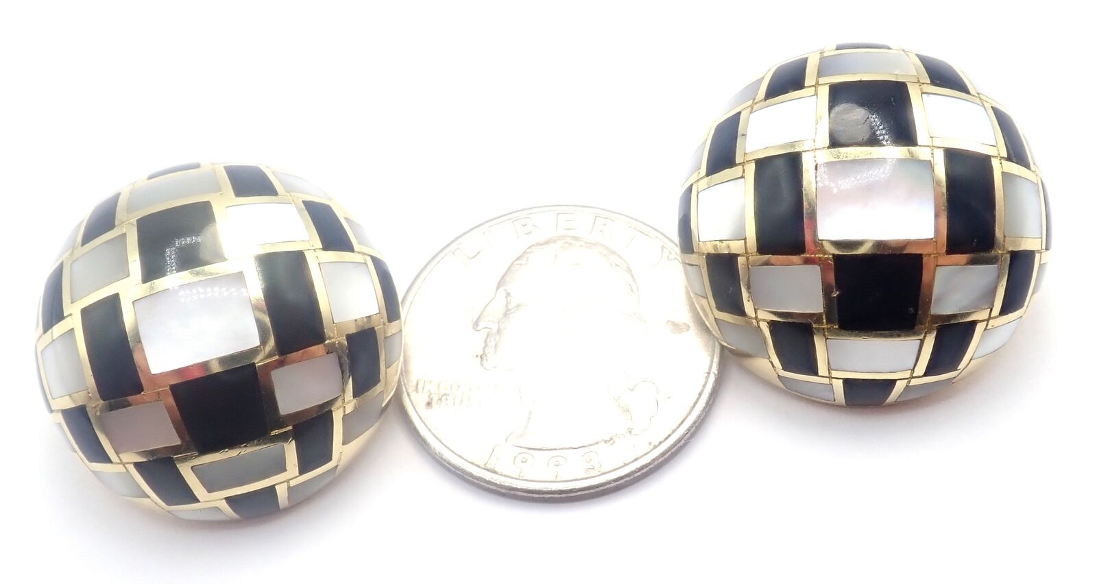Tiffany & Co Cummings 18k Gold Mother of Pearl Black Jade Checkerboard Earrings | Fortrove