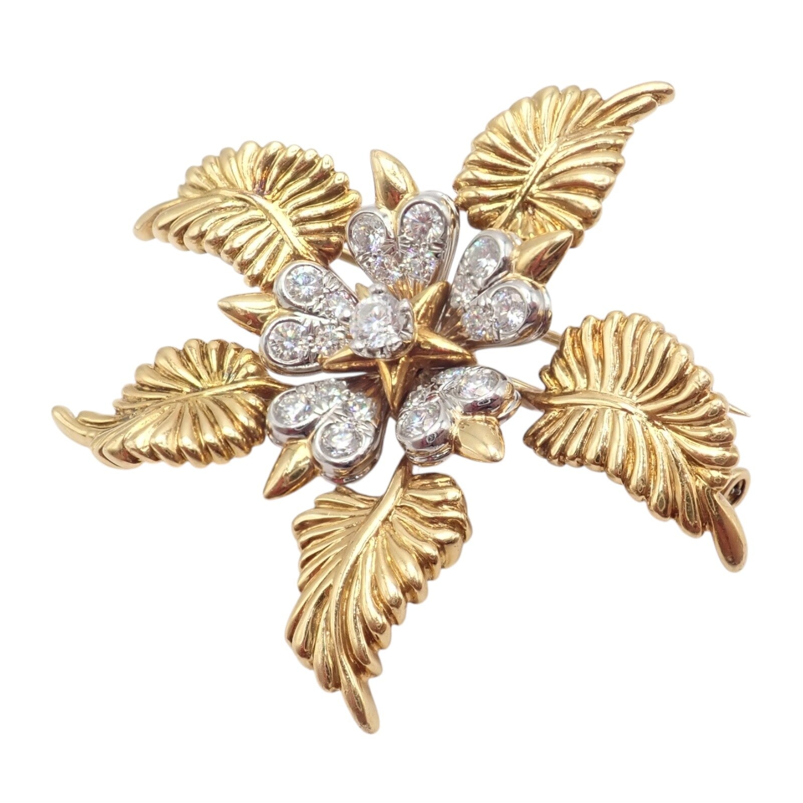 Tiffany & Co Schlumberger 18k Yellow Gold Platinum Diamond 5 Leaf Pin Brooch | Fortrove