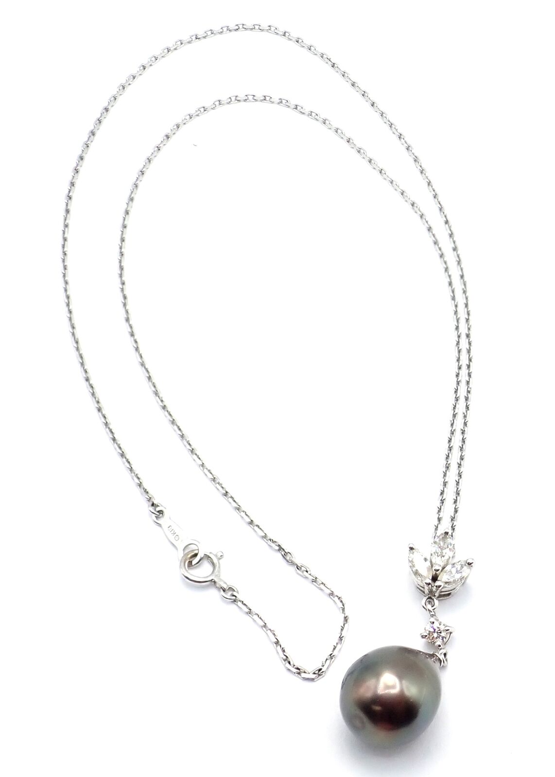 Authentic! Mikimoto 18k White Gold Tahitian Pearl Diamond Pendant Necklace | Fortrove