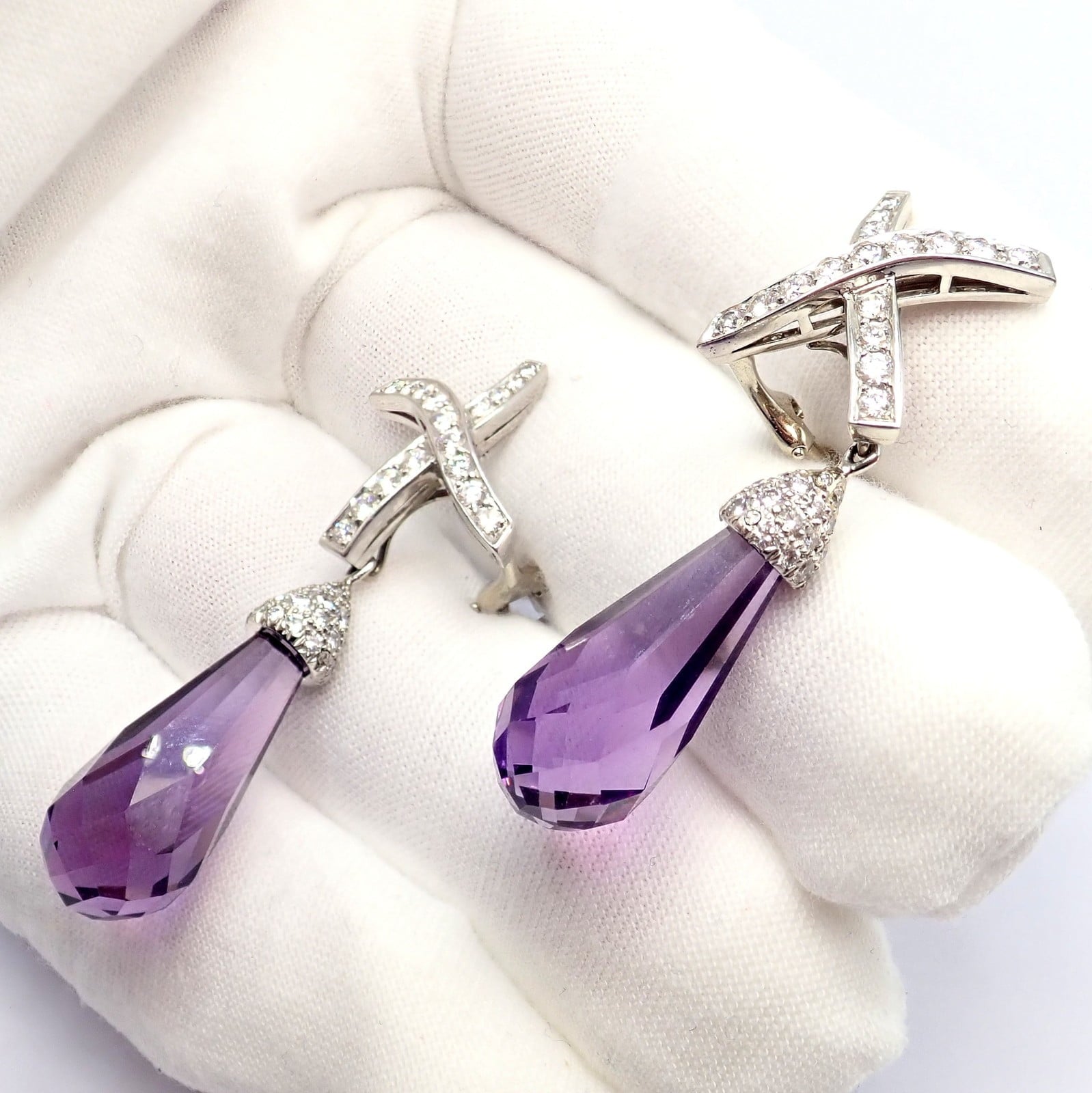 Tiffany & Co Picasso Platinum X Drop Diamond Amethyst Night + Day Earrings 1985 | Fortrove