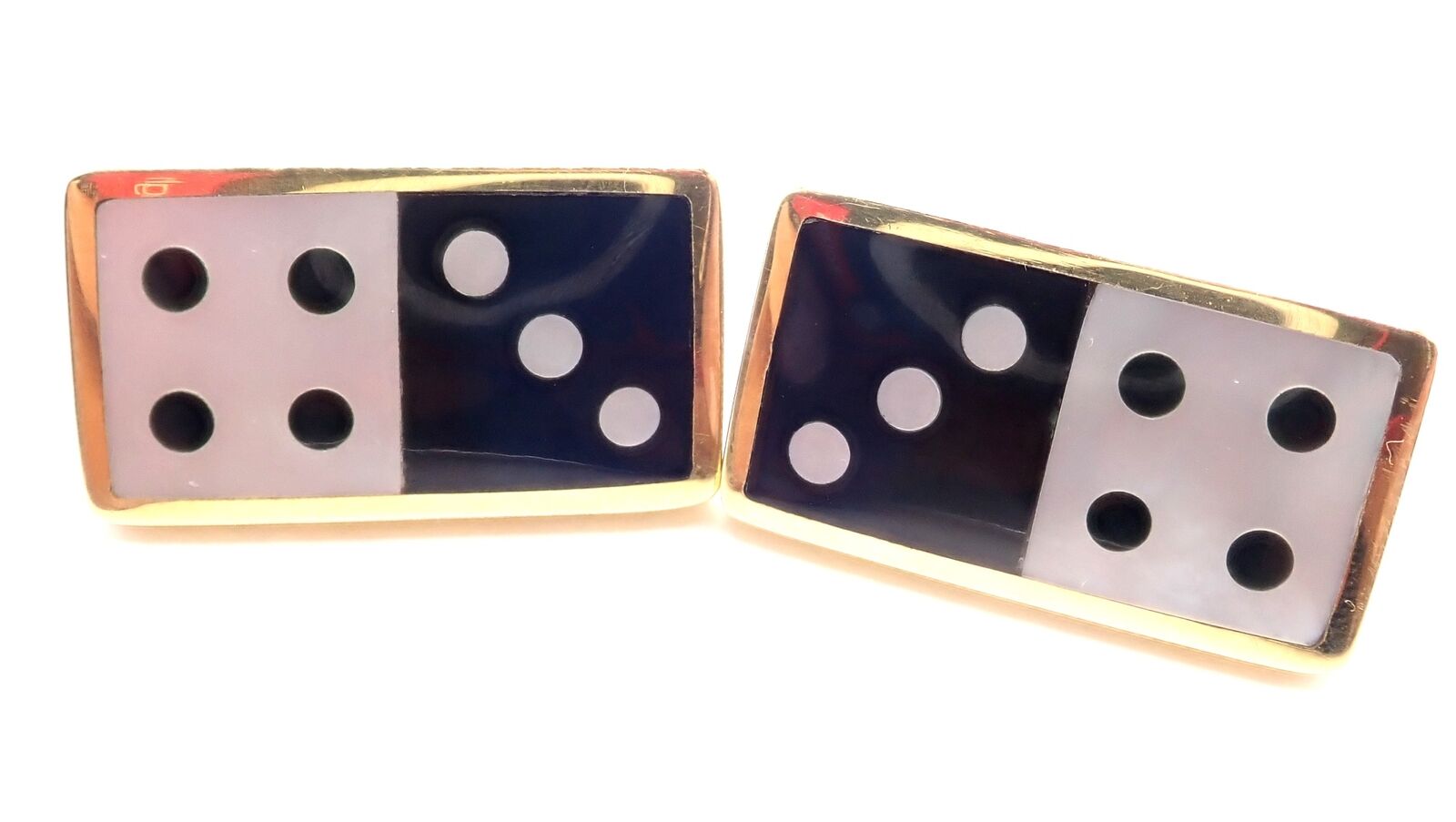 Tiffany & Co Cummings 18k Yellow Gold Inlaid Black Jade MOP Domino Earrings | Fortrove