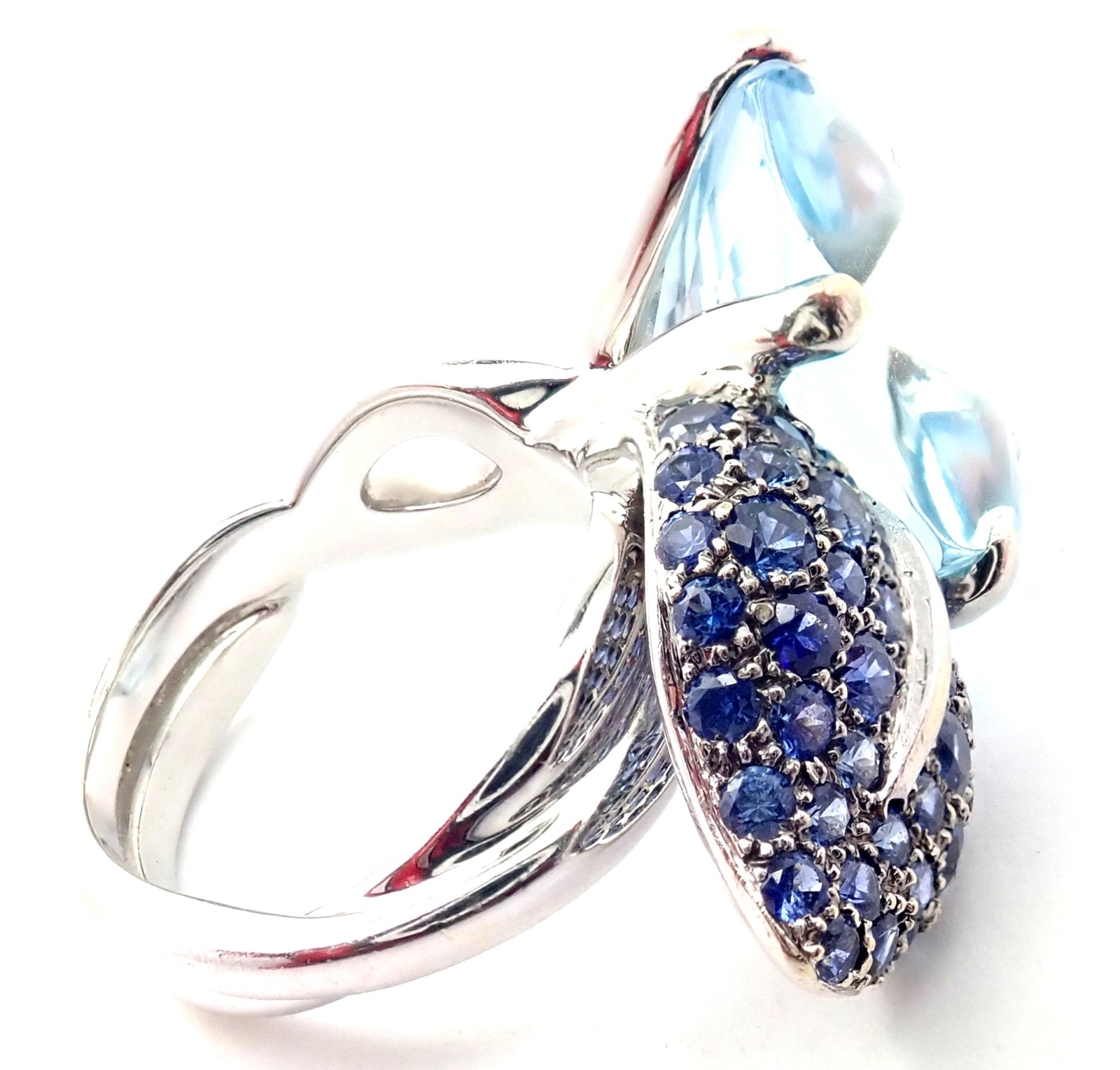 Authentic! Chanel Camellia Flower 18k White Gold Aquamarine Sapphire Ring | Fortrove