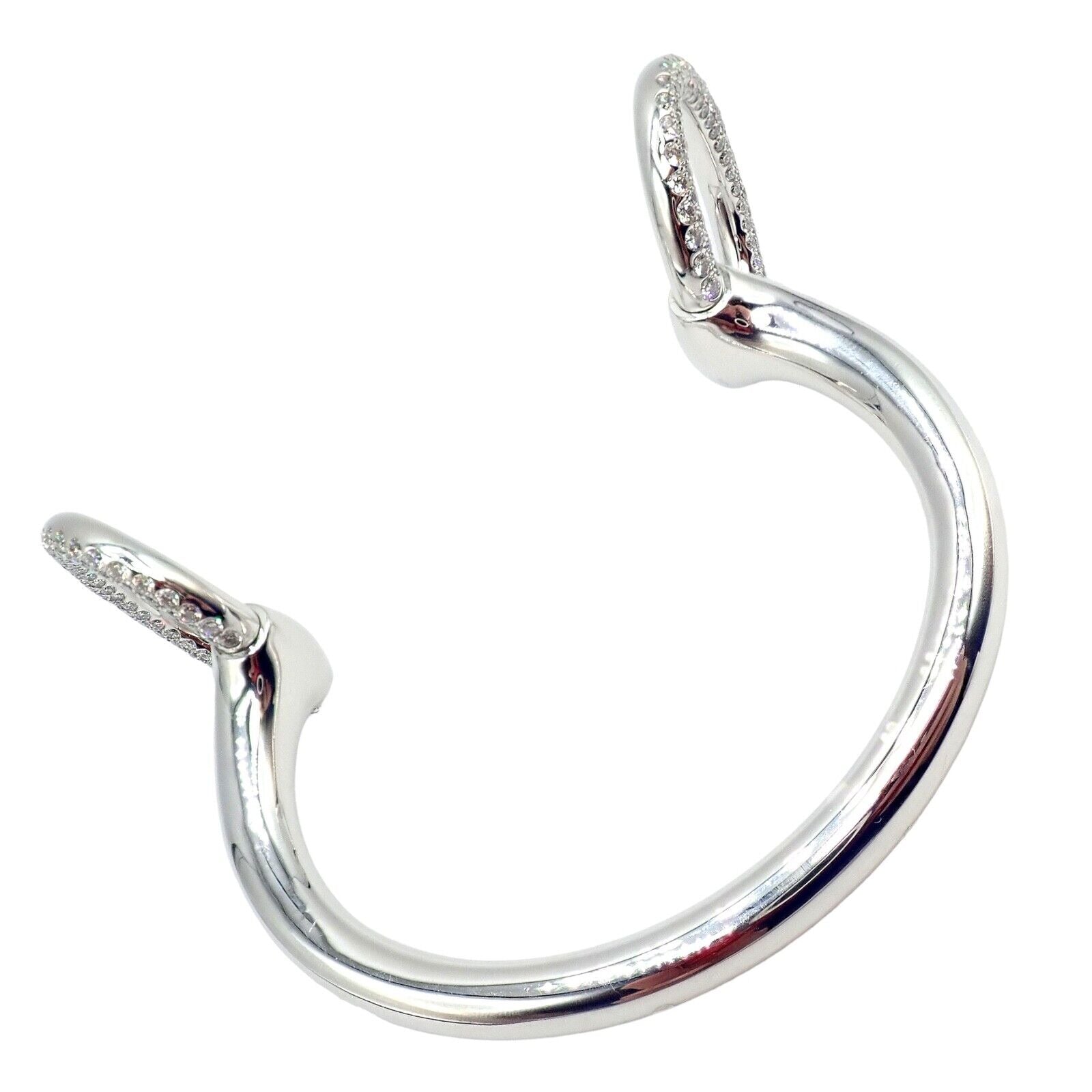 Authentic! Hermes Nausicaa 18K White Gold Diamond Horsebit Cuff Bangle Bracelet | Fortrove