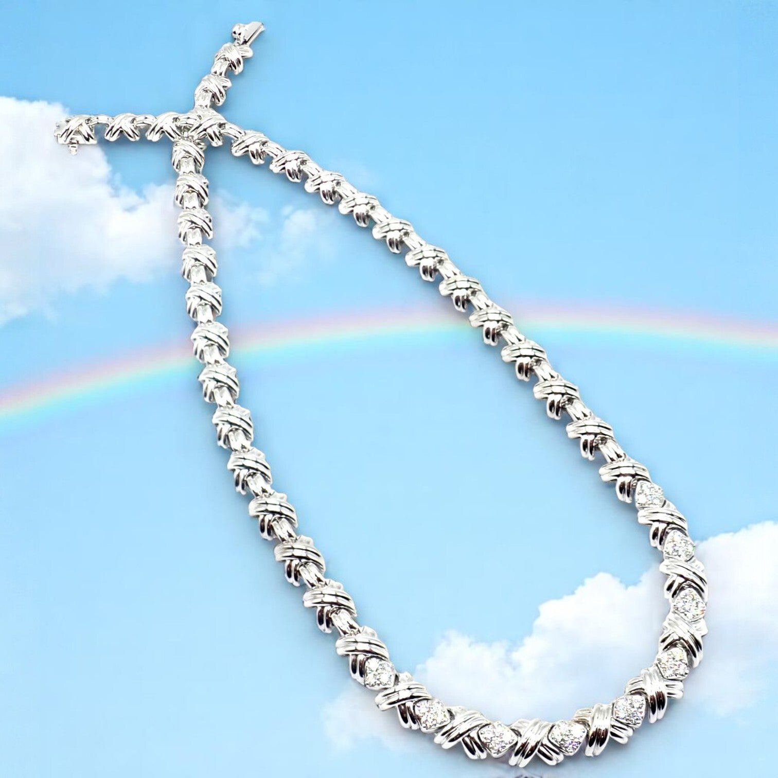 Authentic! Tiffany & Co 18k White Gold Diamond Cluster Signature X Link Necklace | Fortrove