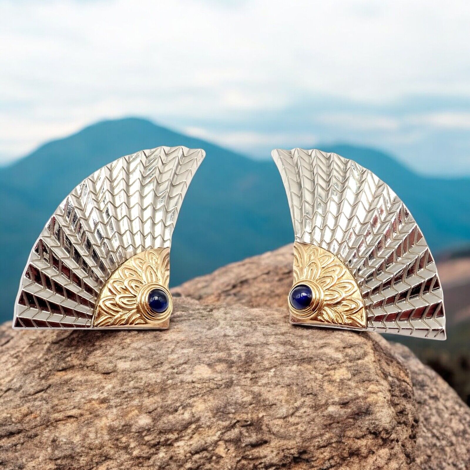 Rare! Erte CFA 14k Yellow Gold + Silver Nile Large Fan Sapphire Earrings | Fortrove