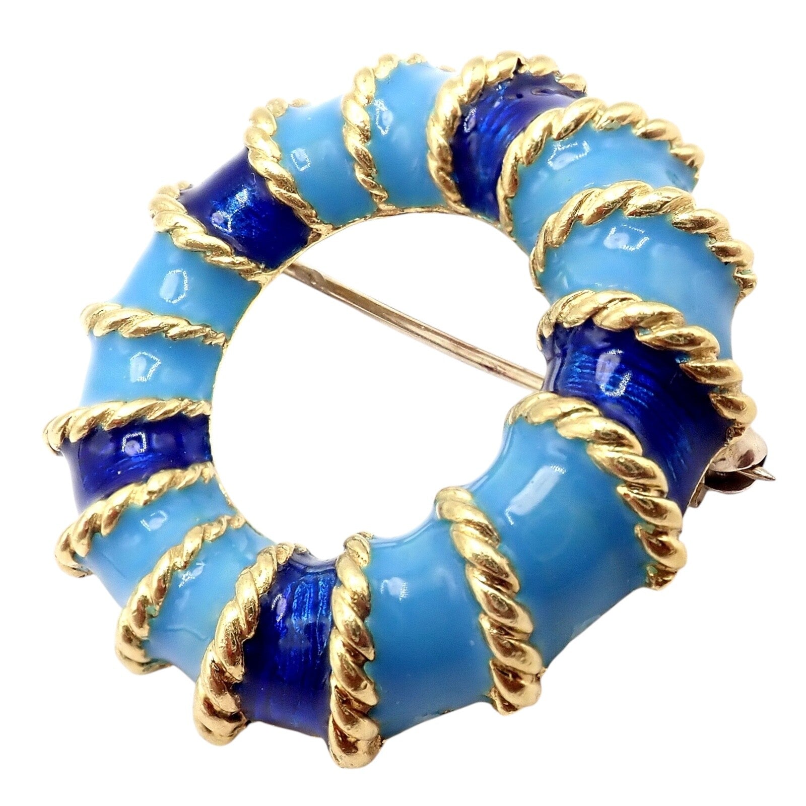 Rare! Vintage Tiffany & Co 18k Yellow Gold Blue Enamel Circle Rope Brooch Pin | Fortrove
