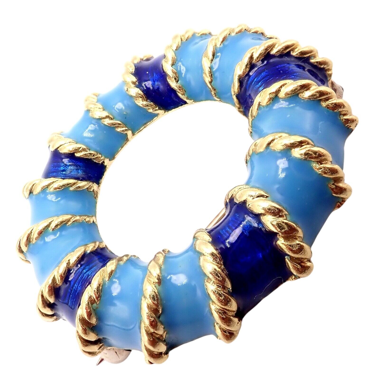 Rare! Vintage Tiffany & Co 18k Yellow Gold Blue Enamel Circle Rope Brooch Pin | Fortrove
