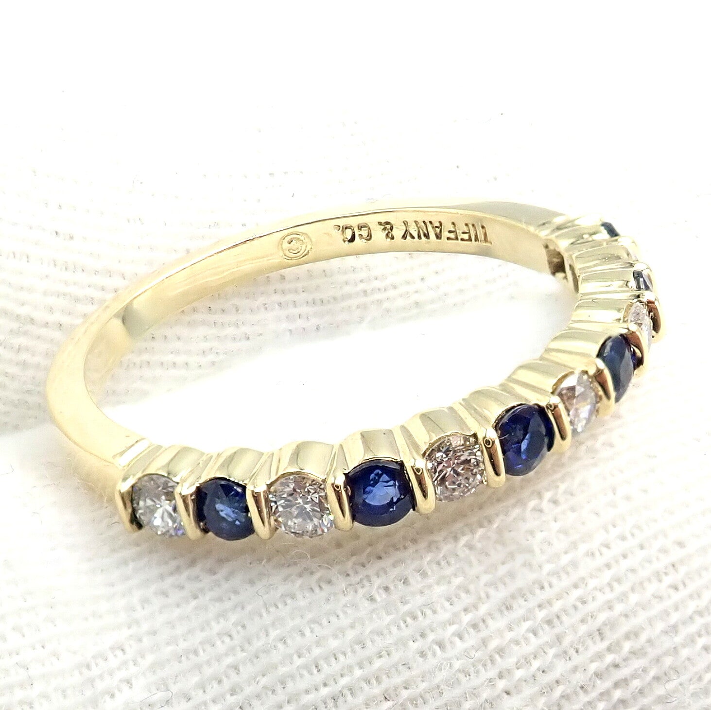Vintage! Authentic Tiffany & Co 18k Yellow Gold Diamond Sapphire Band Ring sz 7 | Fortrove