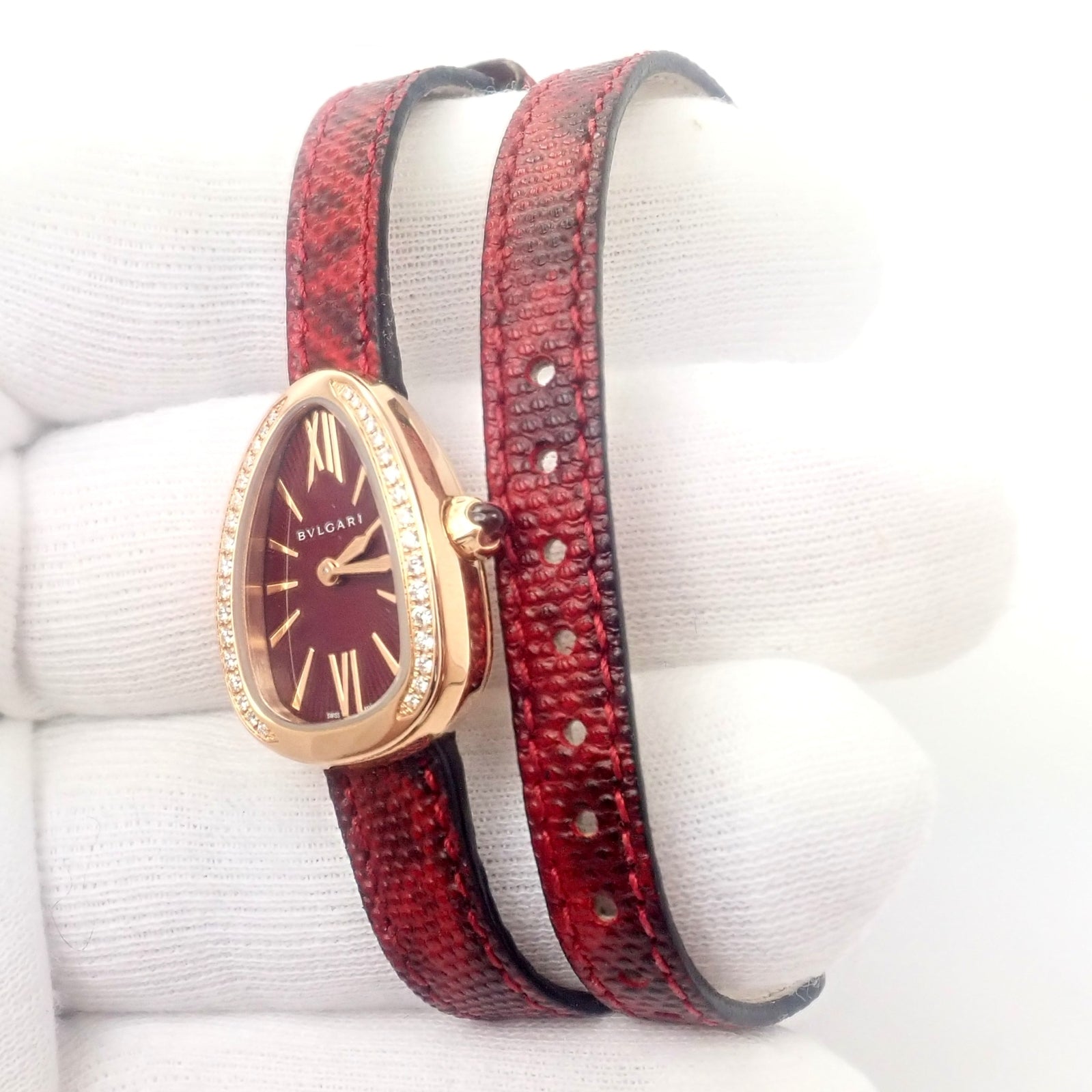 Bulgari 18k Rose Gold Diamond Tubogas Red Serpenti Snake Watch + Band + Tool | Fortrove