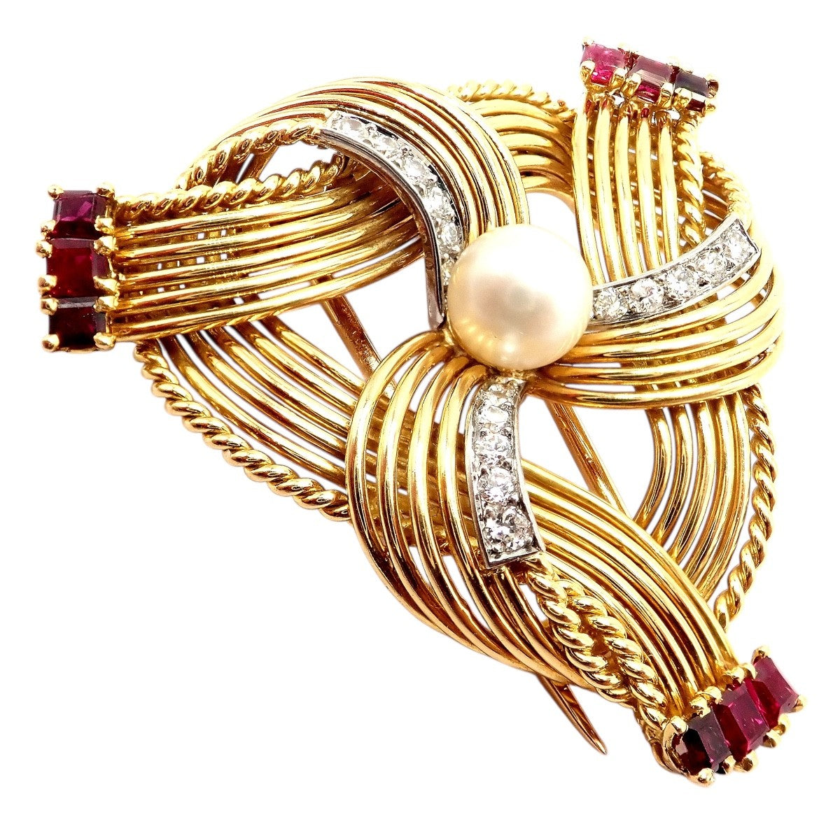Vintage Cartier 18k Yellow Gold Diamond Ruby Pearl Pin Brooch 1960s | Fortrove