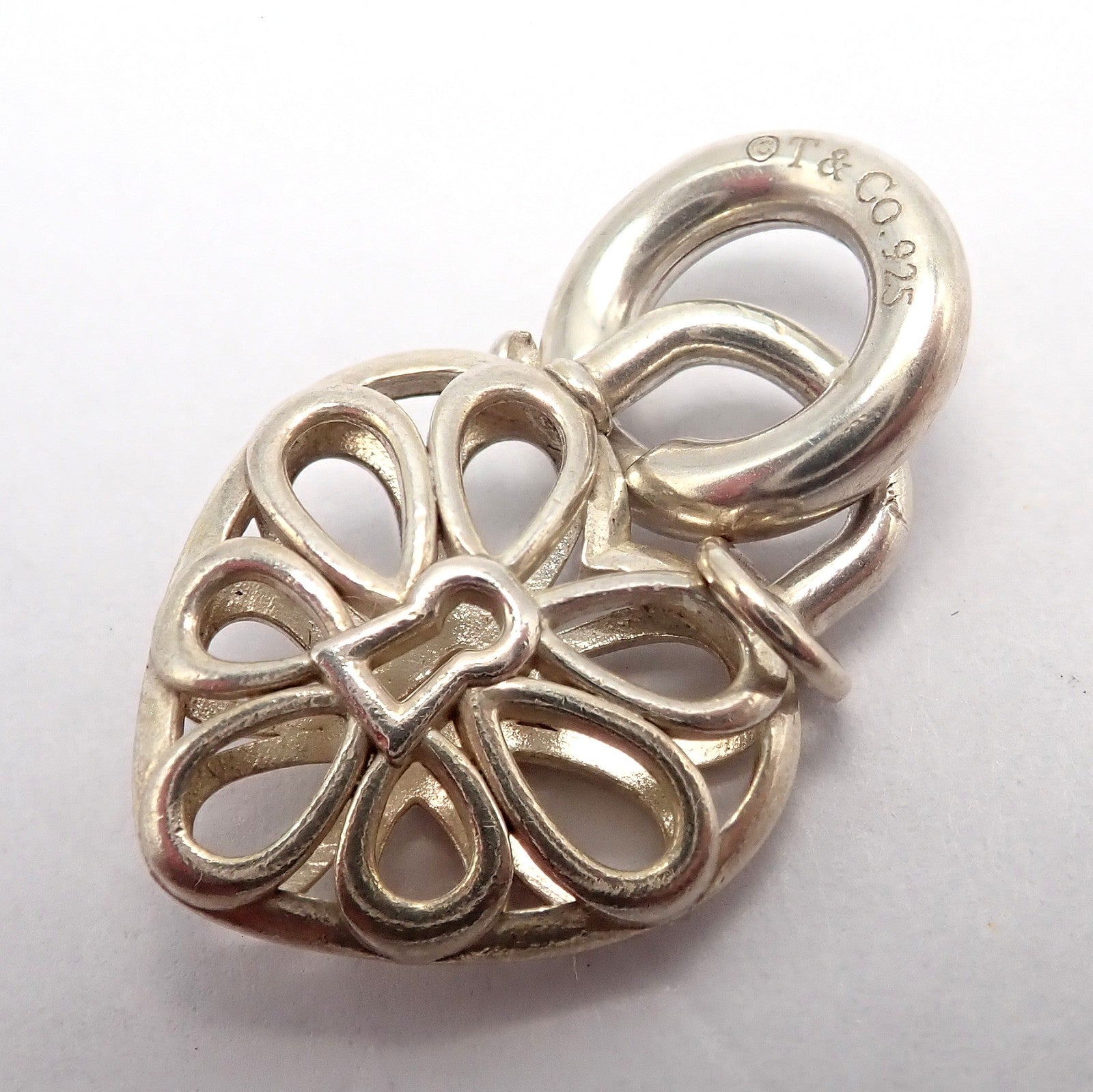 Tiffany & Co. Silver Heart Daisy Padlock Charm Pendant + Spring Ring Clasp | Fortrove