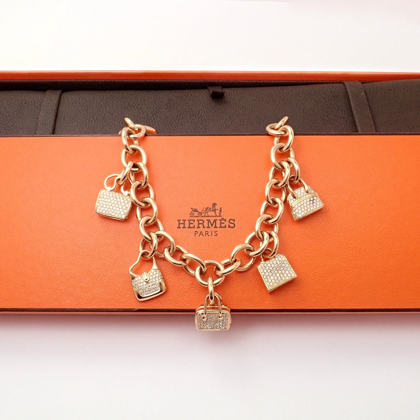 Authentic! Hermes 18k Rose Gold Diamond Signature Iconic Bag Charm Link Bracelet | Fortrove