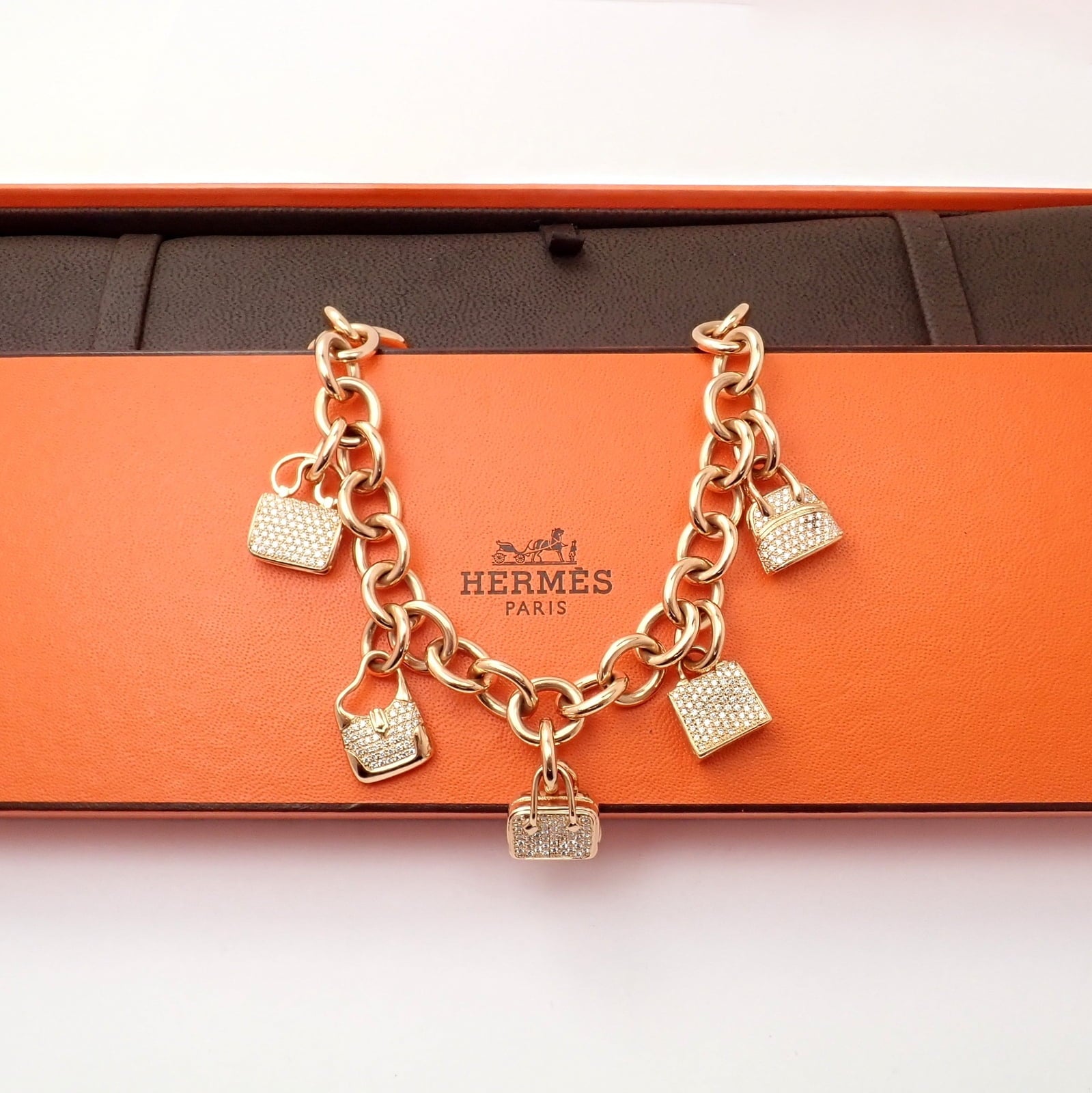 Hermes Jewelry & Watches:Fine Jewelry:Bracelets & Charms Authentic! Hermes 18k Rose Gold Diamond Signature Iconic Bag Charm Link Bracelet