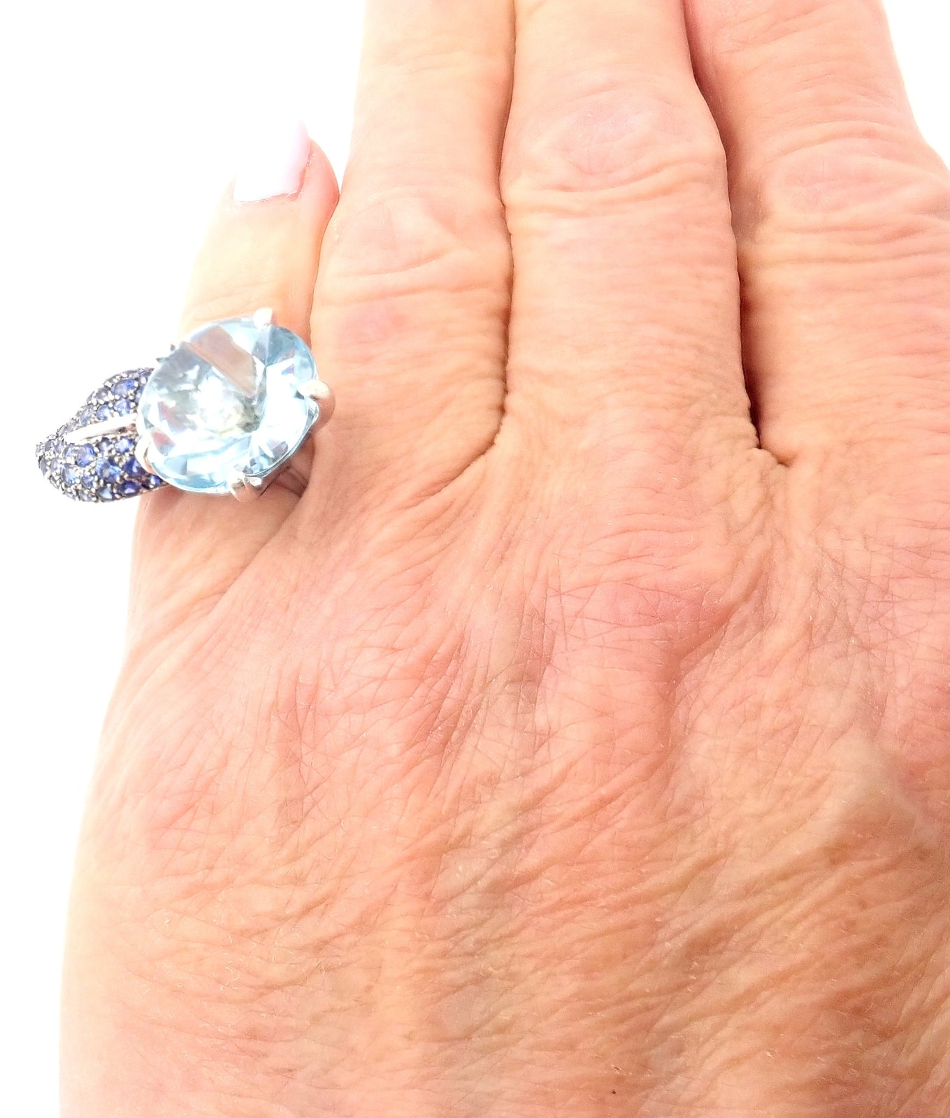 Authentic! Chanel Camellia Flower 18k White Gold Aquamarine Sapphire Ring | Fortrove