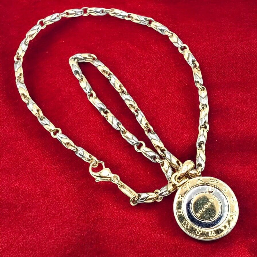 Authentic! Bulgari Bvlgari 18k Yellow Gold Steel Diamond Zodiac Pendant Necklace | Fortrove