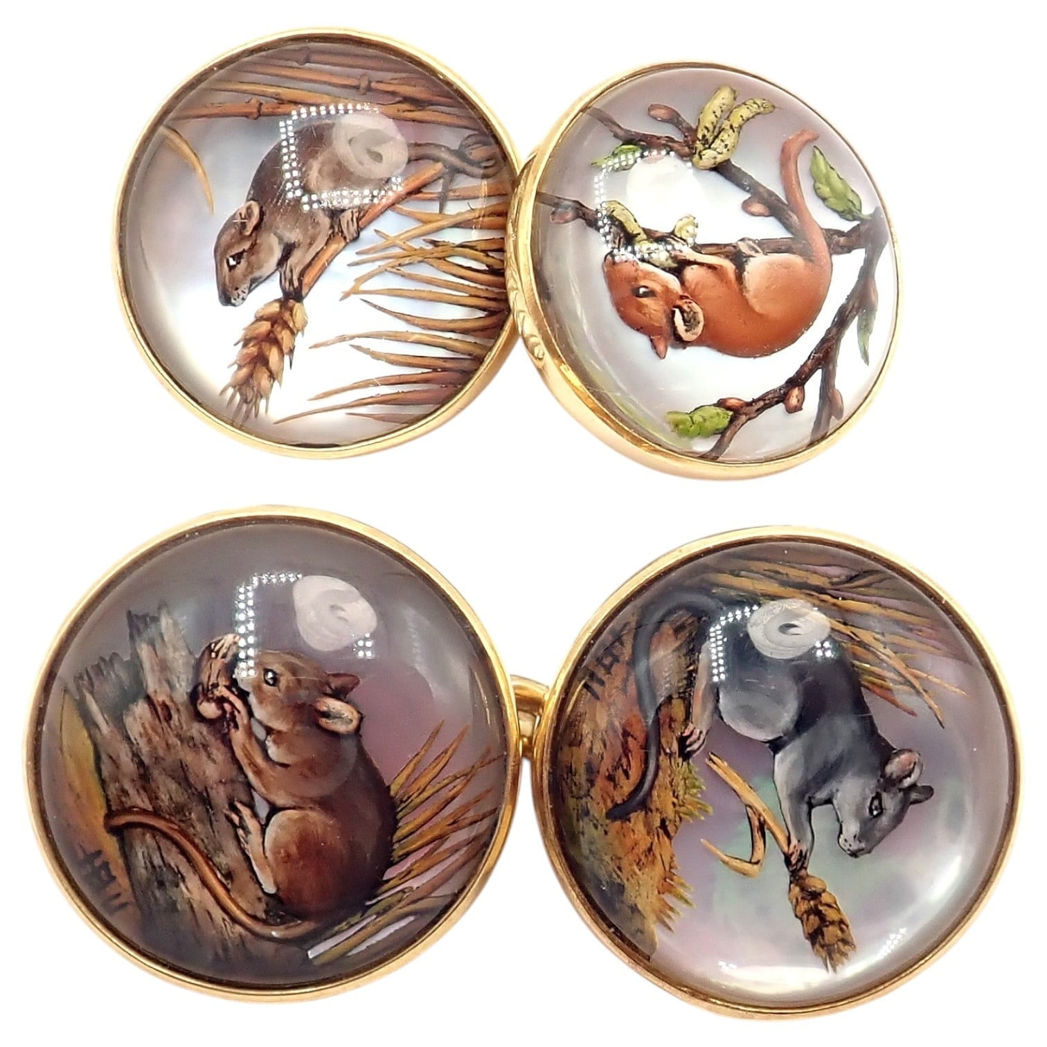 Tiffany & Co. Jewelry & Watches:Vintage & Antique Jewelry:Cufflinks Vintage! Tiffany 18k Yellow Gold Essex Reverse Intaglio Field Mice Cufflinks