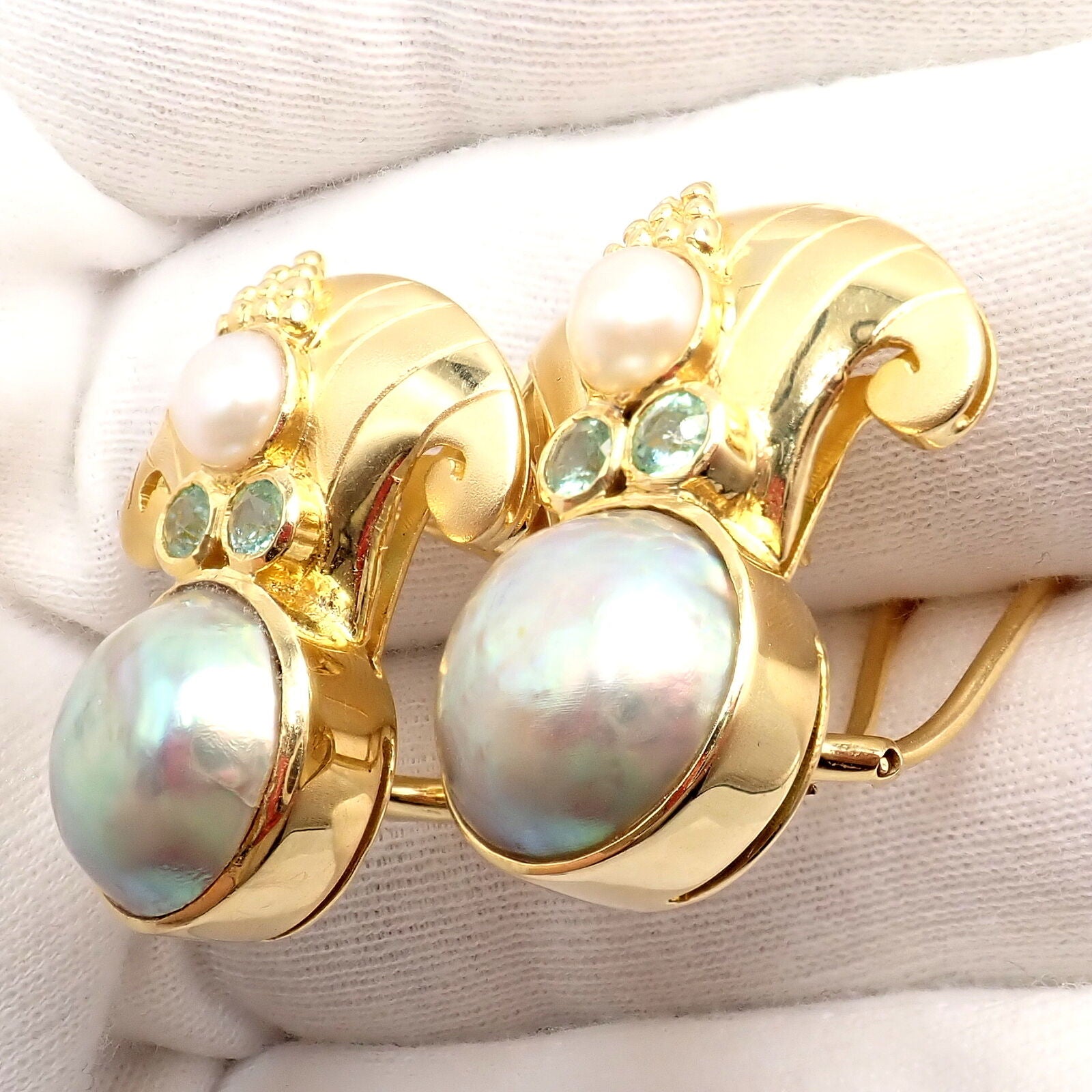 Rare! Vintage Paula Crevoshay 18k Gold Abalone Pearl Blue Gemstone Earrings OOAK | Fortrove