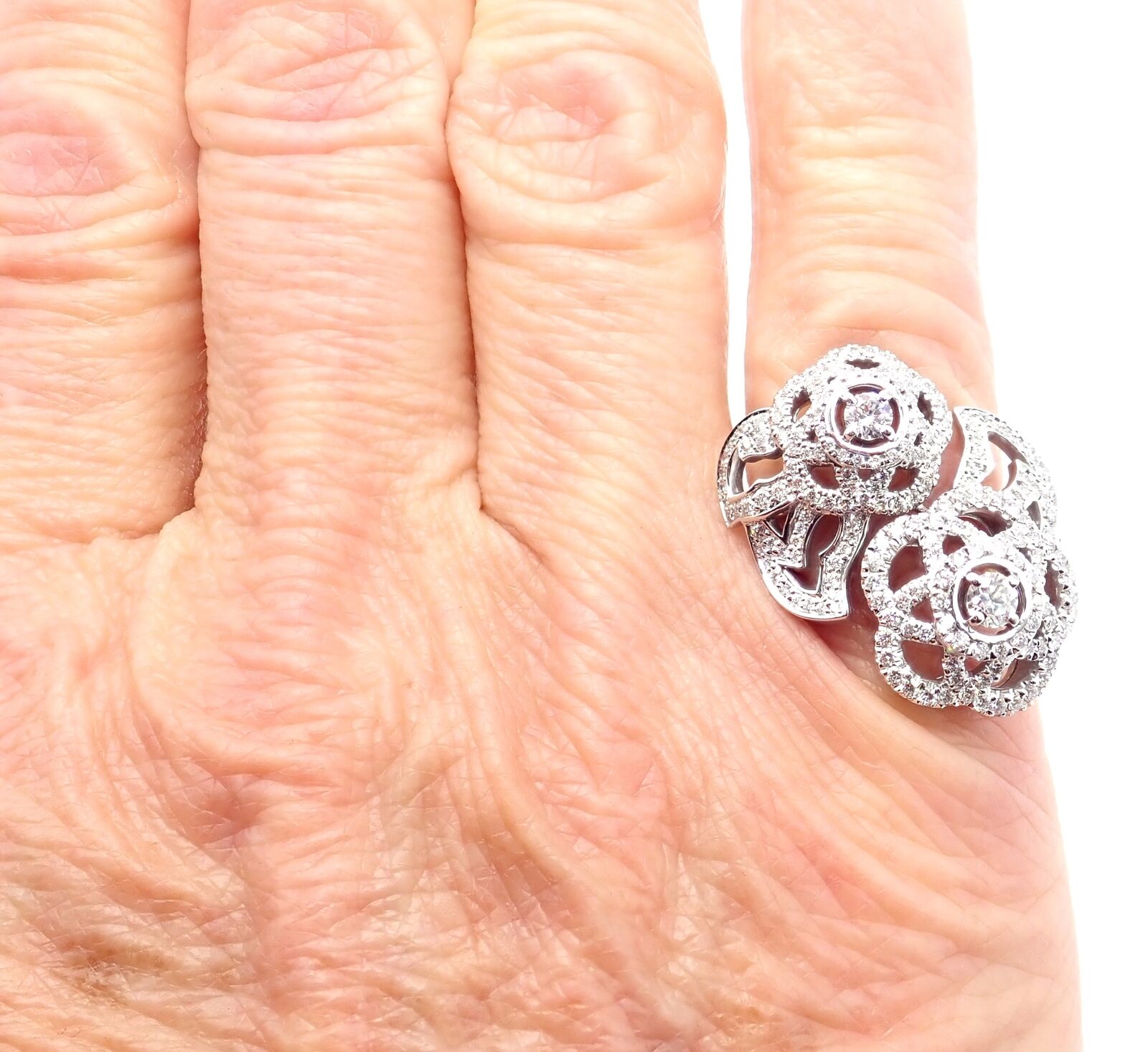 Authentic! Chanel Camellia Two Flower 18k White Gold Diamond Ring | Fortrove