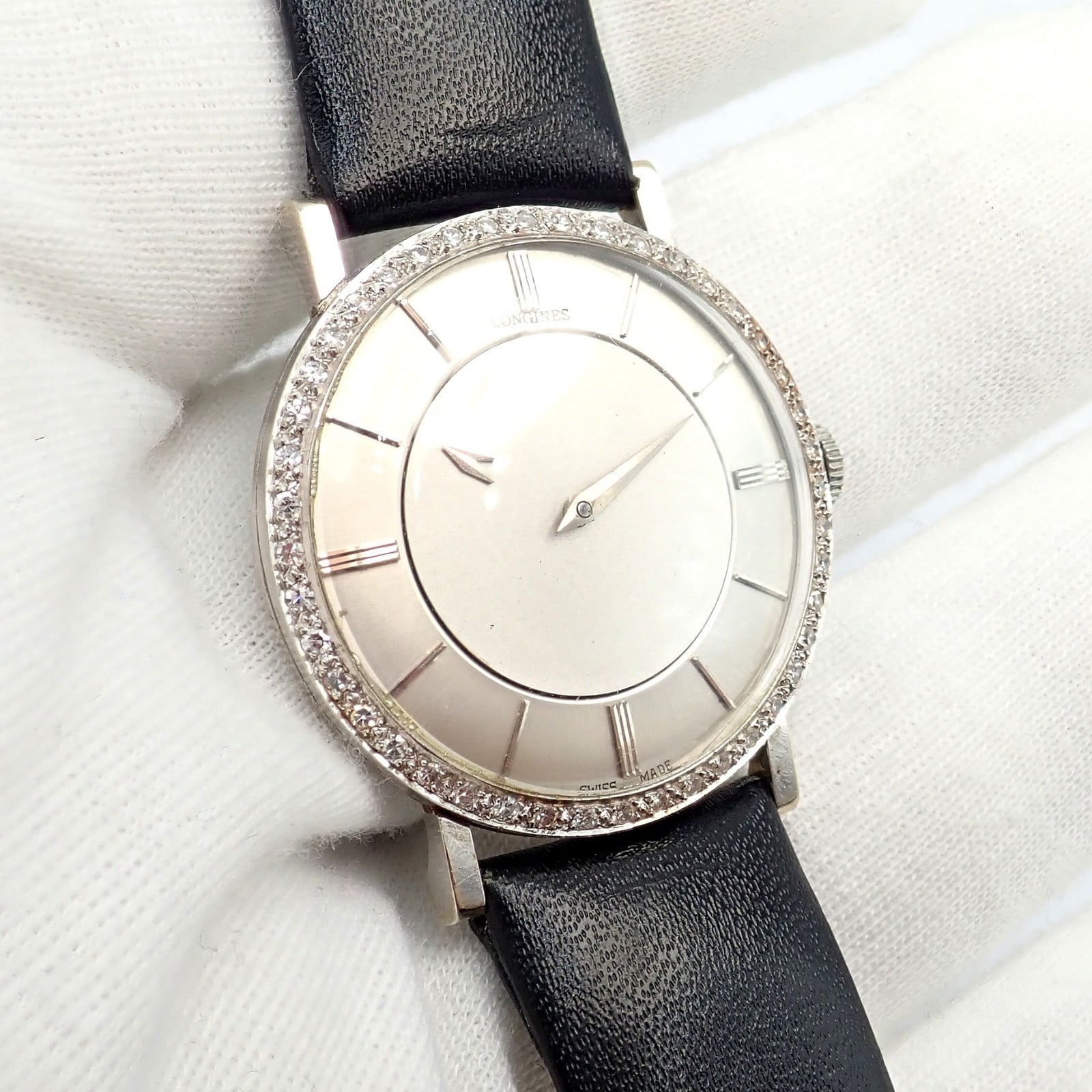 Longines Jewelry & Watches:Watches, Parts & Accessories:Watches:Wristwatches Vintage Longines 18k White Gold Diamond Bezel Manual Wind Mystery Dial Watch