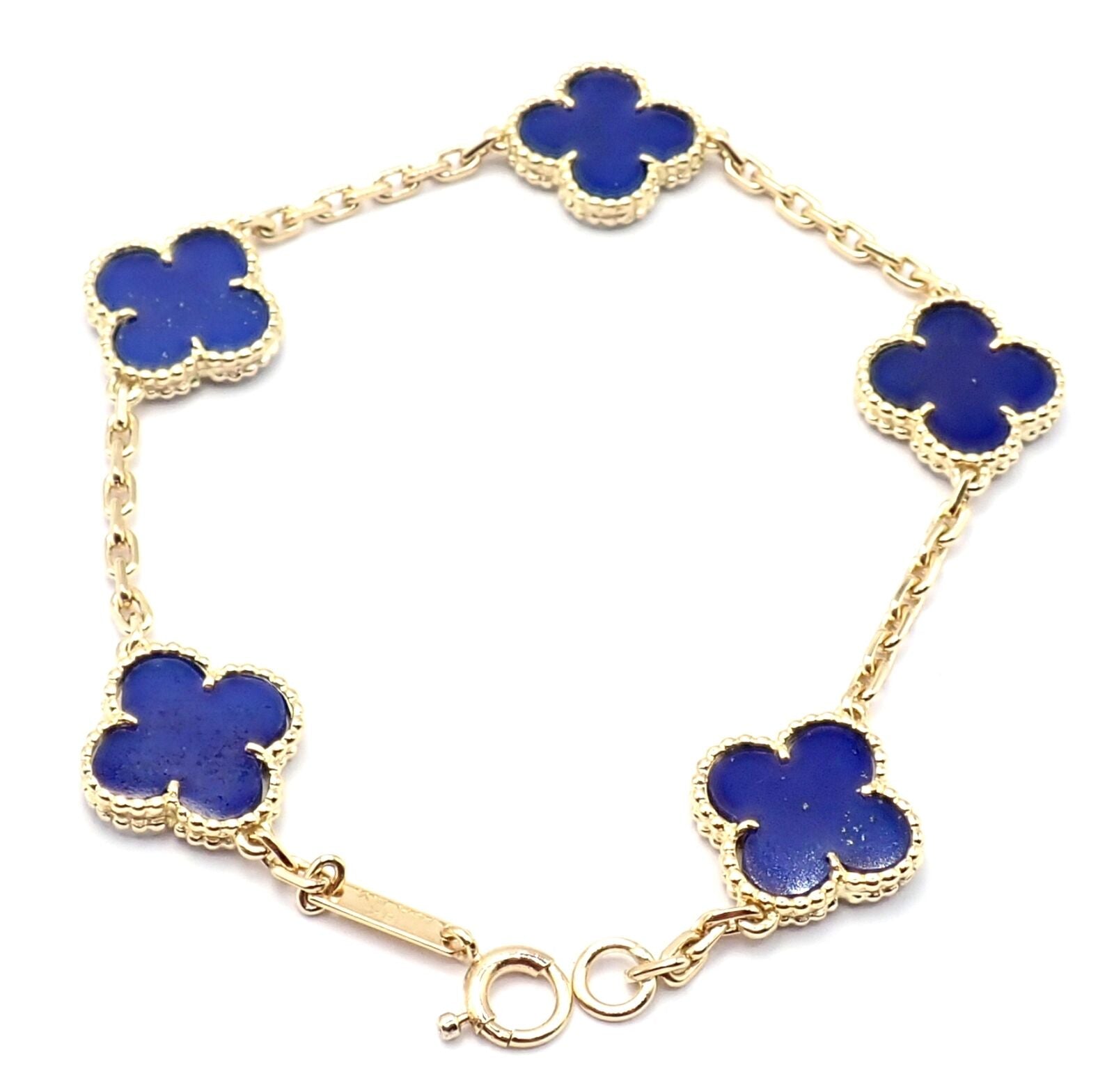 Authentic! Van Cleef & Arpels 18k Gold 5 Motif Alhambra Lapis Bracelet Paper | Fortrove