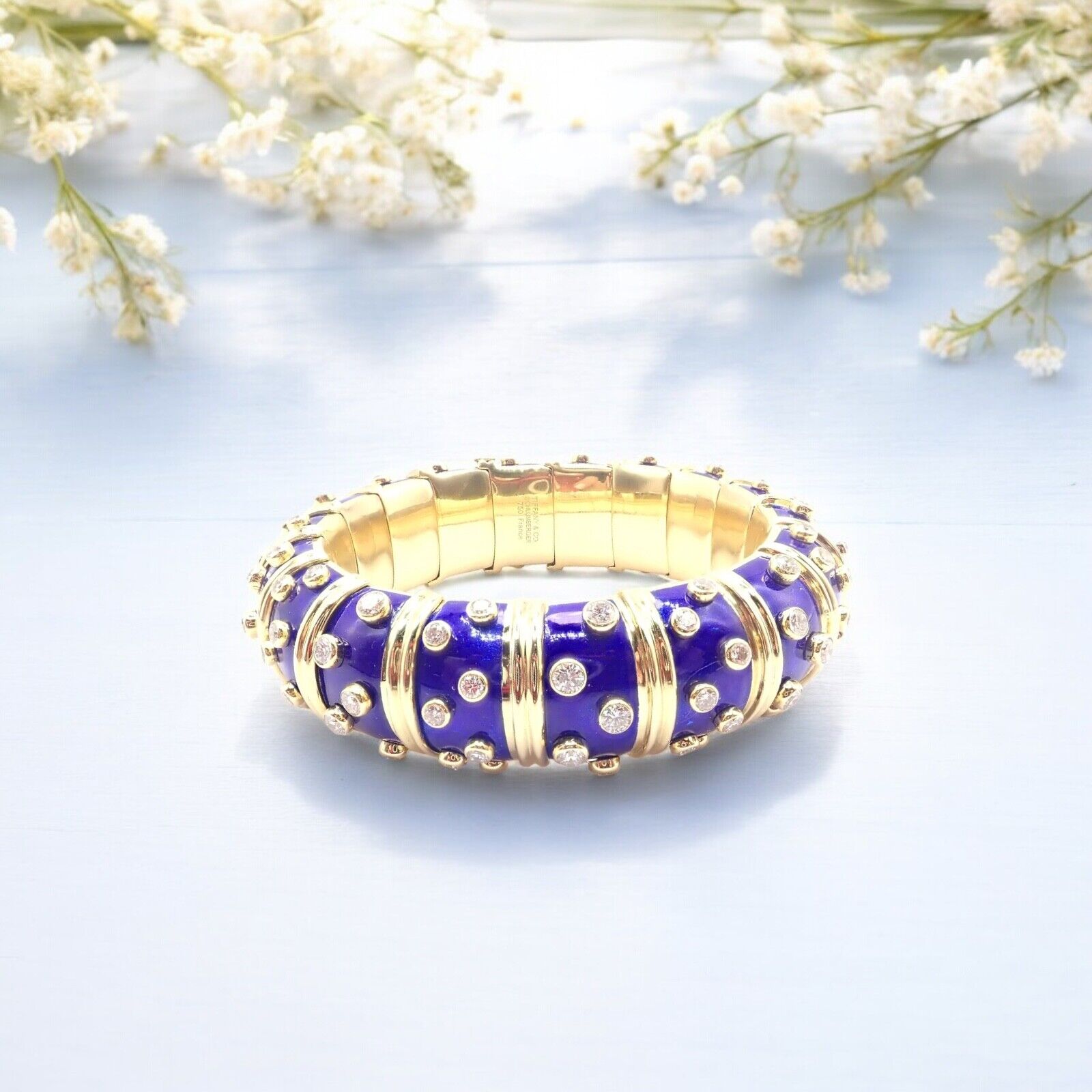 Tiffany & Co Schlumberger Dots 18k Yellow Gold Diamond Enamel Bangle Bracelet | Fortrove