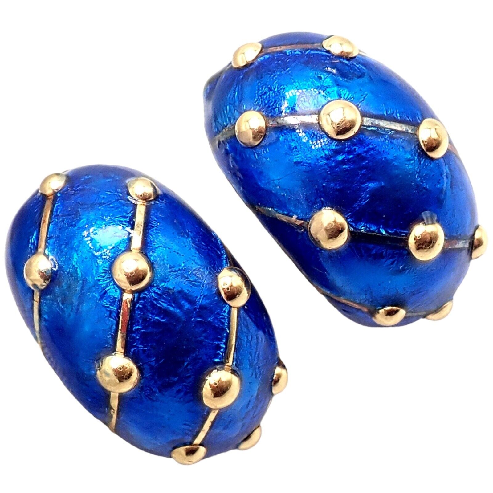 Rare Tiffany & Co Schlumberger 18k Yellow Gold Large Blue Enamel Banana Earrings | Fortrove