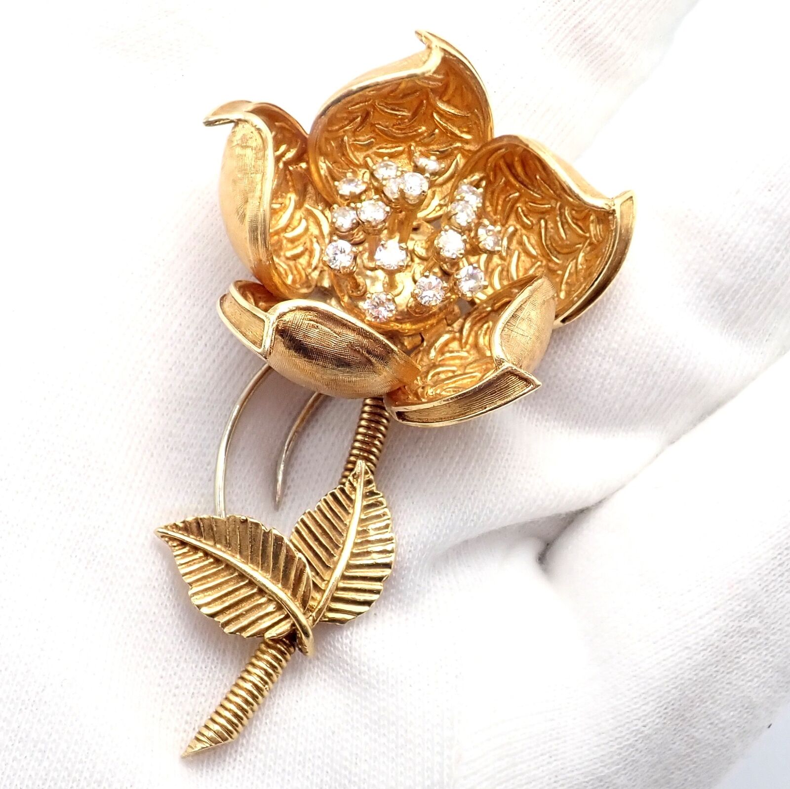 Hammerman Brothers 18k Yellow Gold Diamond Rose Flower Night & Day Brooch Pin | Fortrove