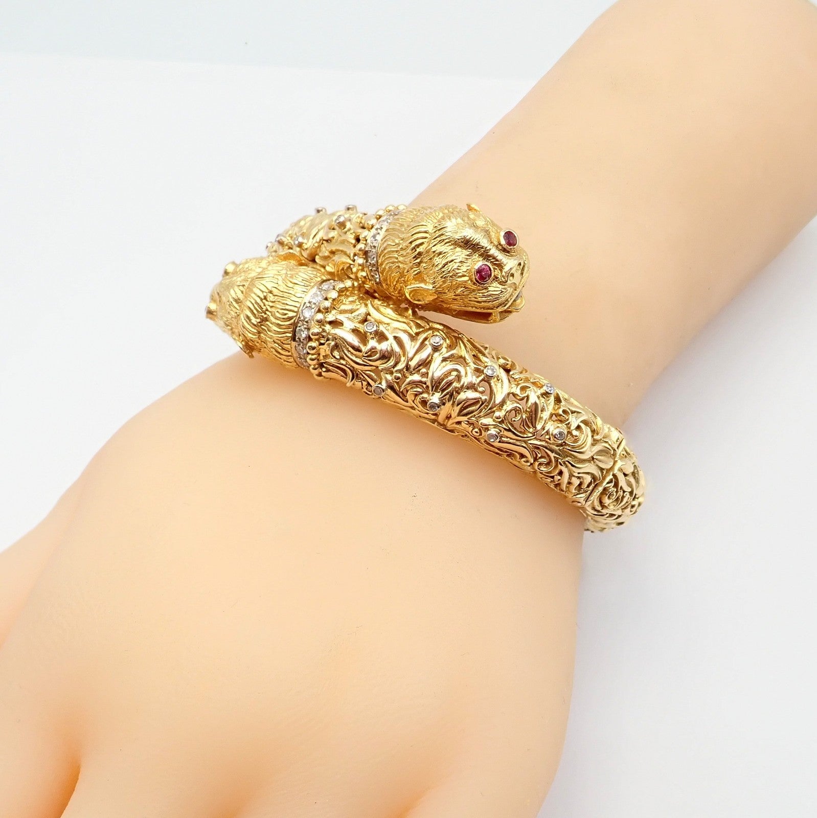 Rare Ilias Lalaounis 18k Yellow Gold Double Chimera Diamond Ruby Bangle Bracelet | Fortrove