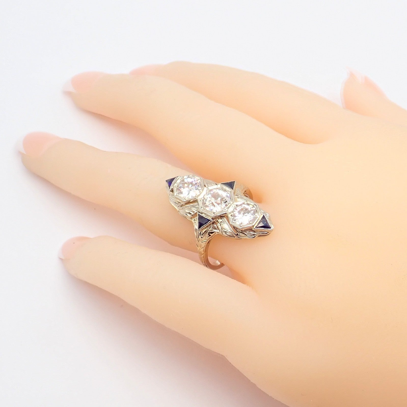 Vintage Estate 20k White Gold Diamond 2ctw Sapphire Art Deco Ring sz 7 | Fortrove