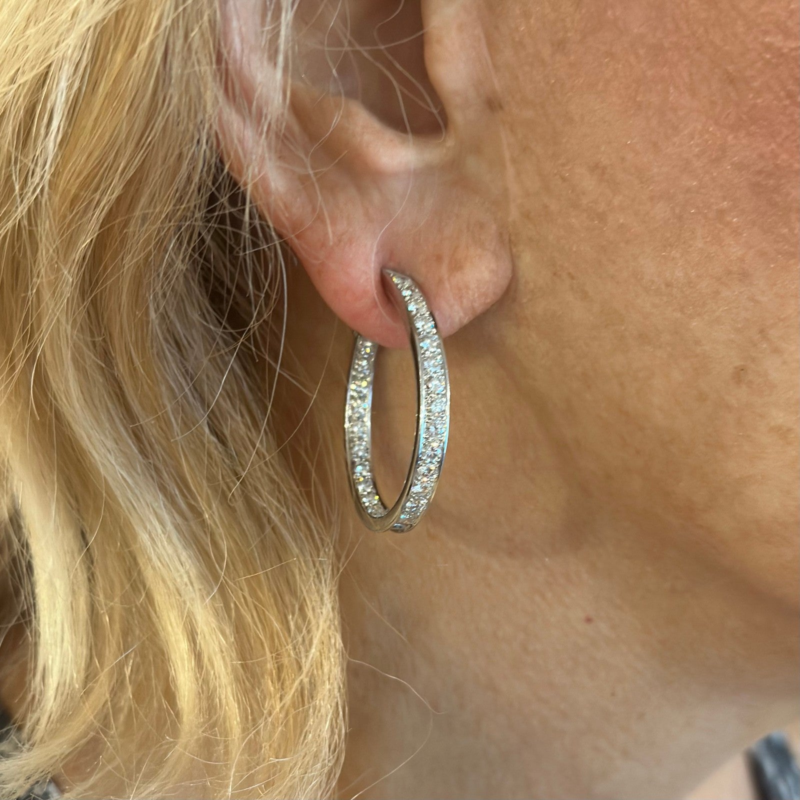 Authentic! Van Cleef & Arpels 18k White Gold Diamond Large Hoop Earrings | Fortrove