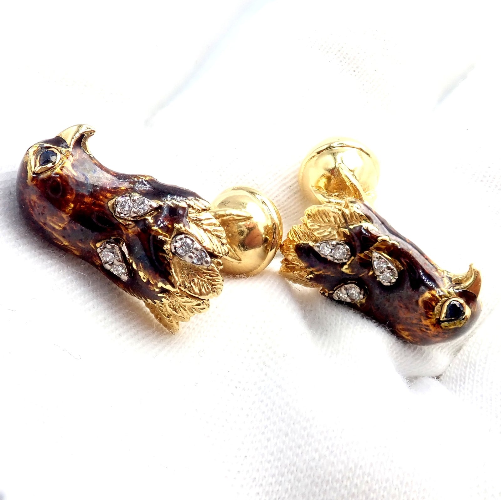 Vintage Tiffany & Co. 18k Yellow Gold Diamond Enamel Falcon Eagle Bird Cufflinks | Fortrove
