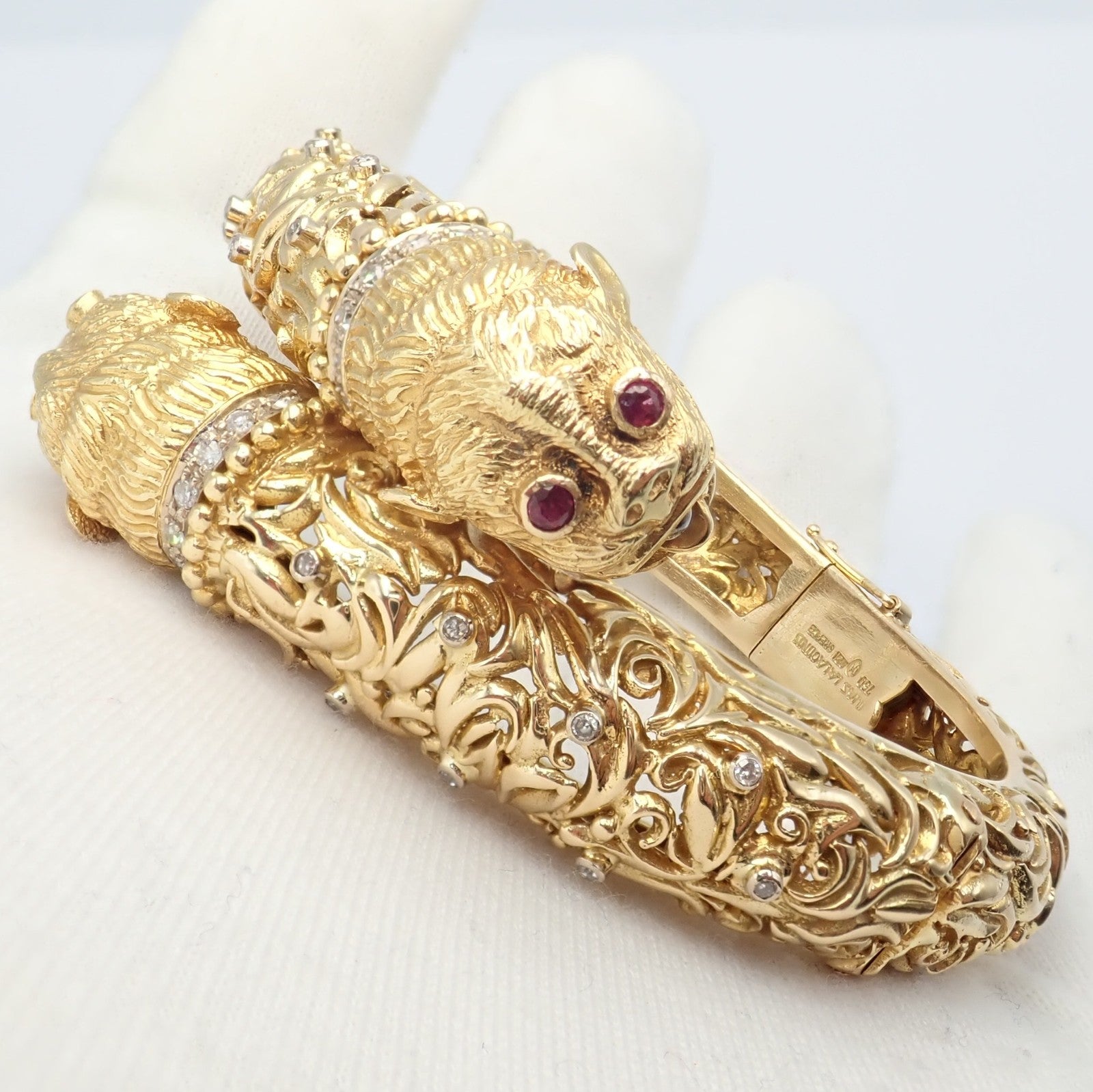 Rare Ilias Lalaounis 18k Yellow Gold Double Chimera Diamond Ruby Bangle Bracelet | Fortrove