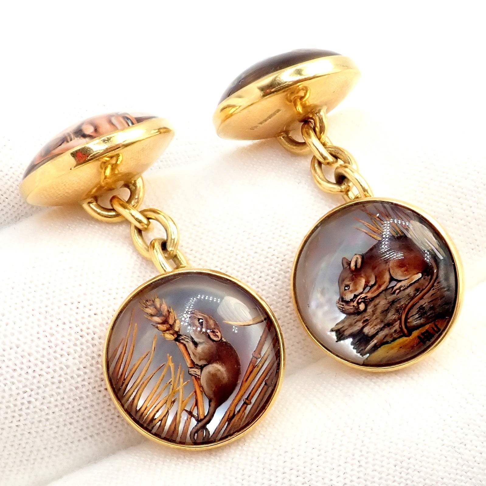 Vintage! Tiffany 18k Yellow Gold Essex Reverse Intaglio Field Mice Cufflinks | Fortrove