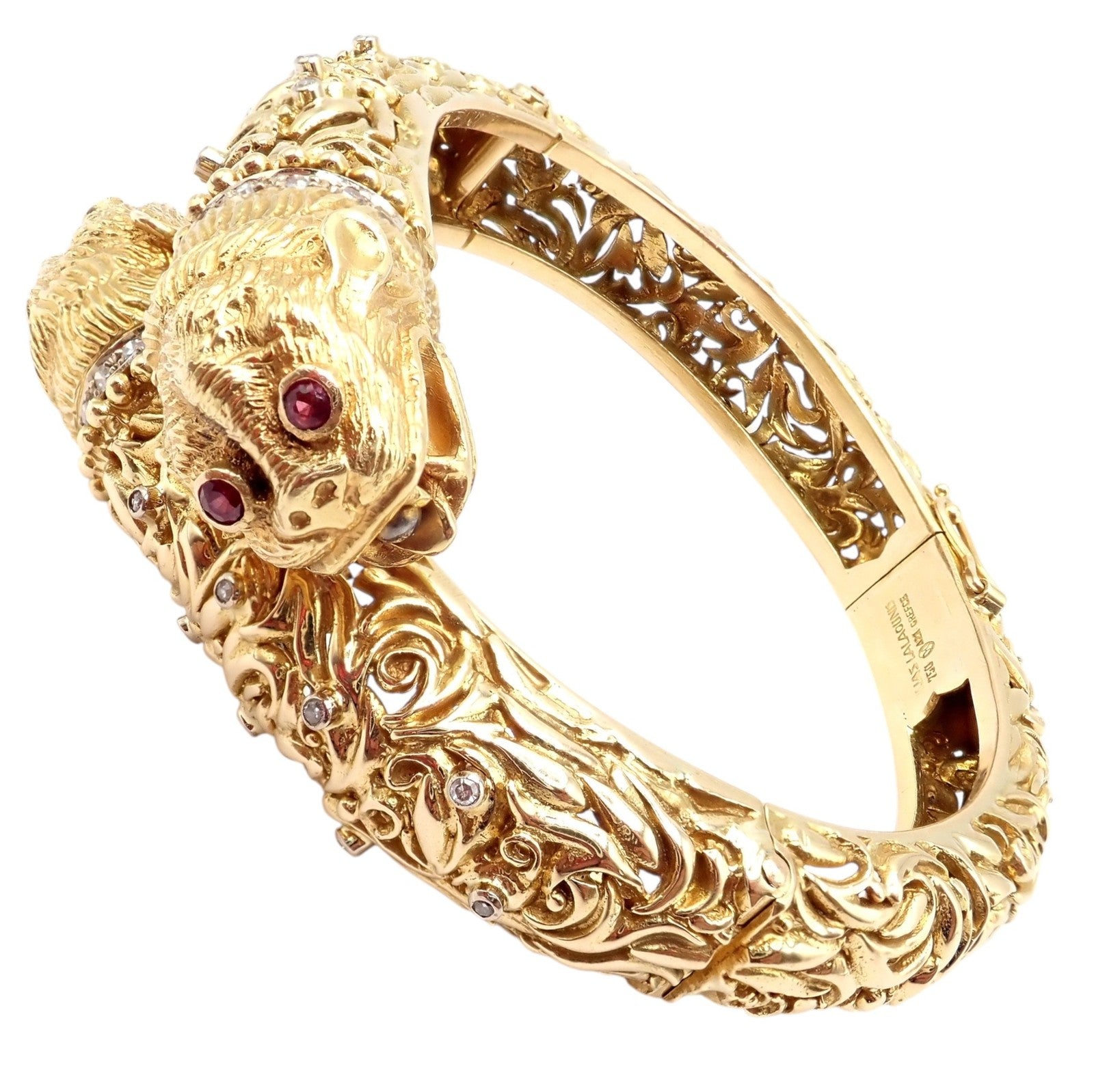 Rare Ilias Lalaounis 18k Yellow Gold Double Chimera Diamond Ruby Bangle Bracelet | Fortrove