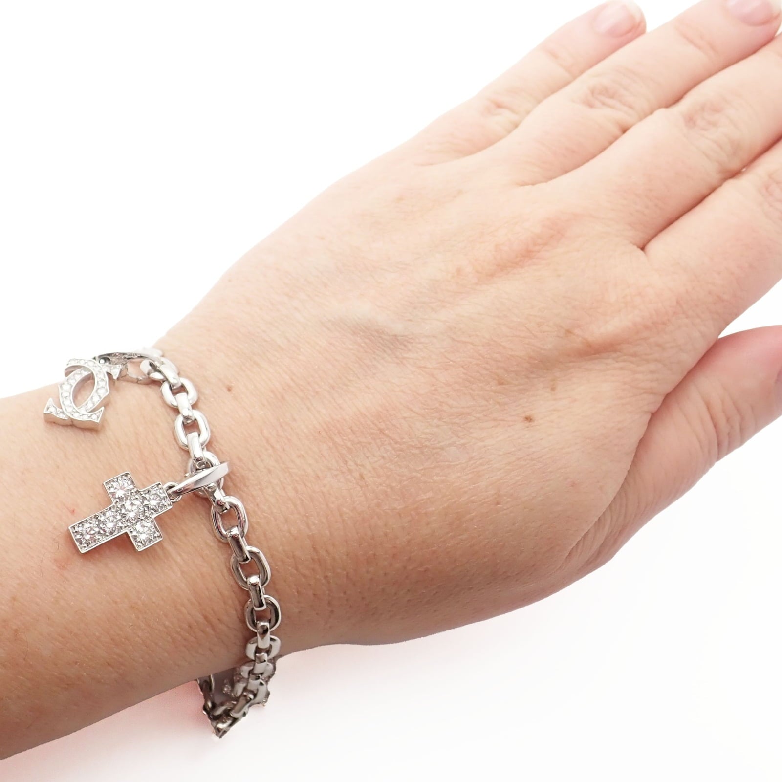 Cartier Jewelry & Watches:Fine Jewelry:Bracelets & Charms Authentic! Cartier 18k White Gold 3 Charm Bracelet with Diamond Cross Double C's