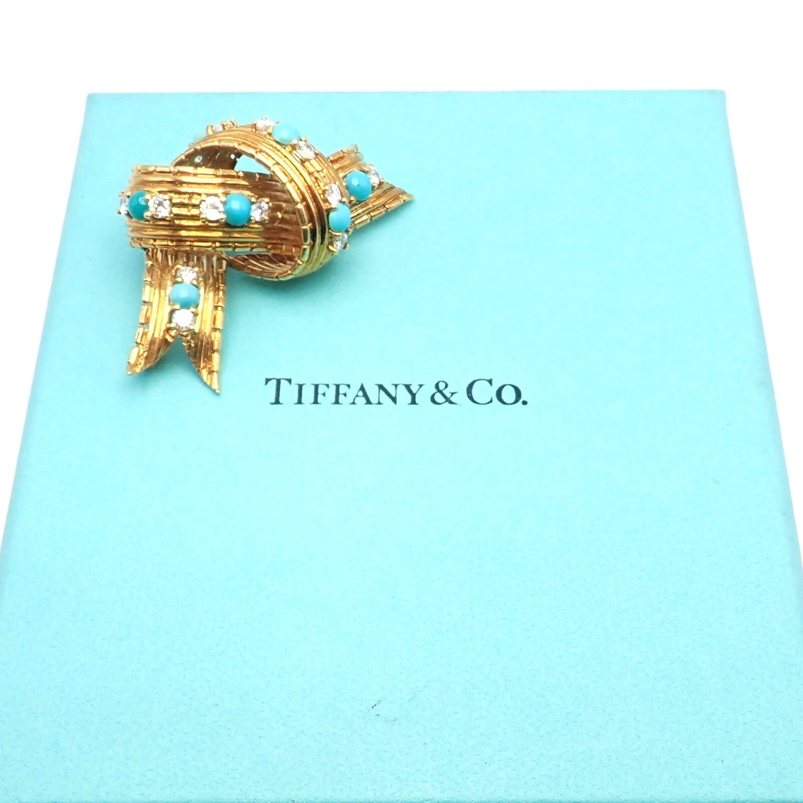 Vintage Tiffany & Co. 18k Yellow Gold Diamond Turquoise Bamboo Bow Pin Brooch | Fortrove