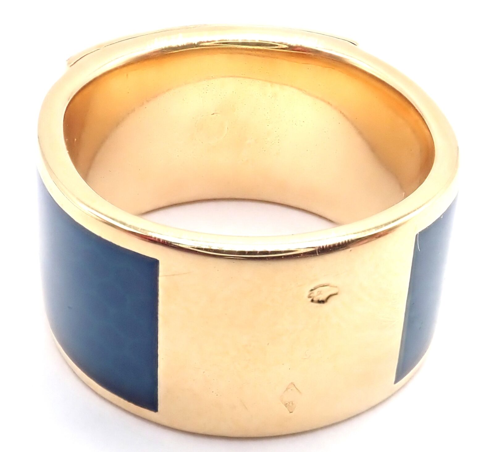 Authentic! Hermes Collier de Chien 18K Yellow Gold Blue Enamel Band Ring Size 6 | Fortrove