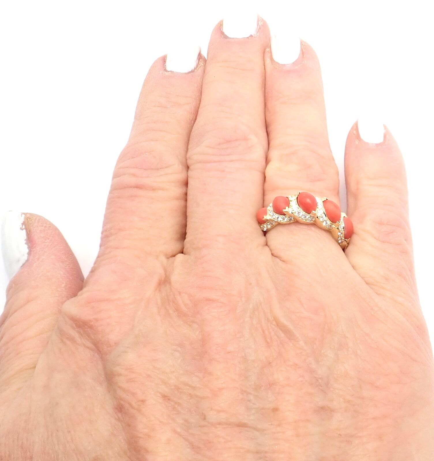 Rare! Authentic Christian Dior 18k Yellow Gold Diamond Coral Band Ring | Fortrove