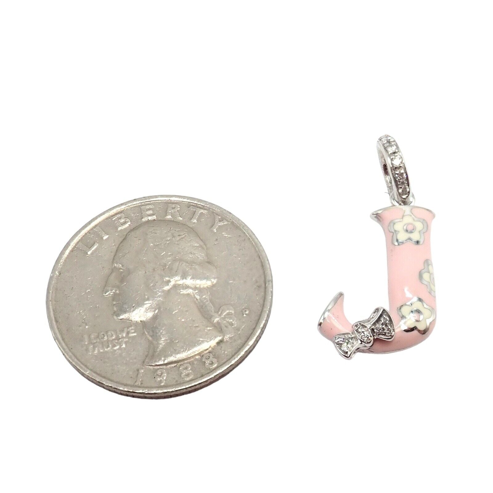 Aaron Basha 18k White Gold Diamond Pink Enamel Baby J Initial Charm Pendant | Fortrove