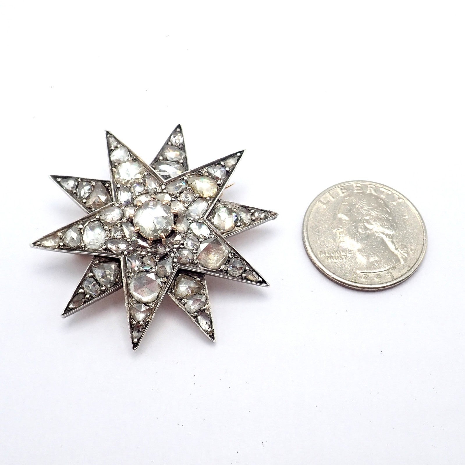 Estate Jewelry & Watches:Fine Jewelry:Brooches & Pins Antique 18k Gold + Silver Georgian Rose Cut Diamond Star Pin Brooch 1800's