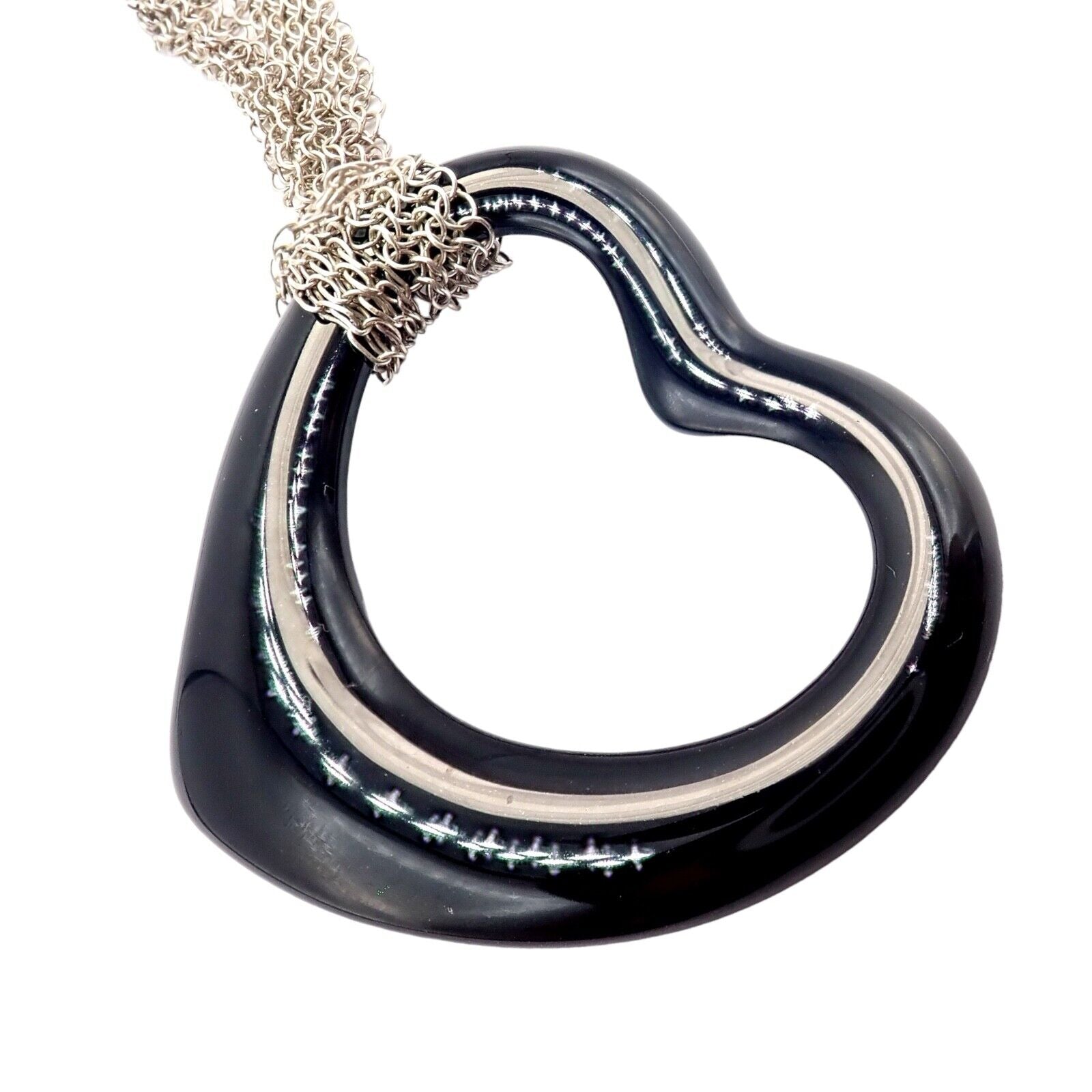 Tiffany & Co Silver Peretti 35mm Large Open Onyx Heart Pendant 28" Mesh Necklace | Fortrove