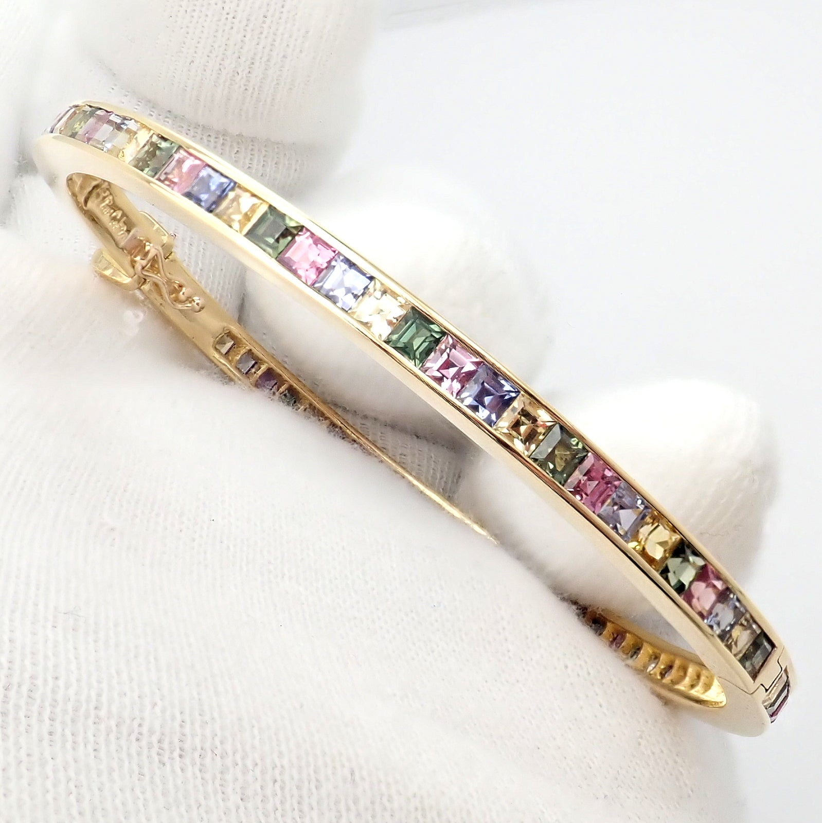 Authentic! Julius Cohen 18k Yellow Gold Diamond Pastel Color Stone Cuff Bracelet | Fortrove