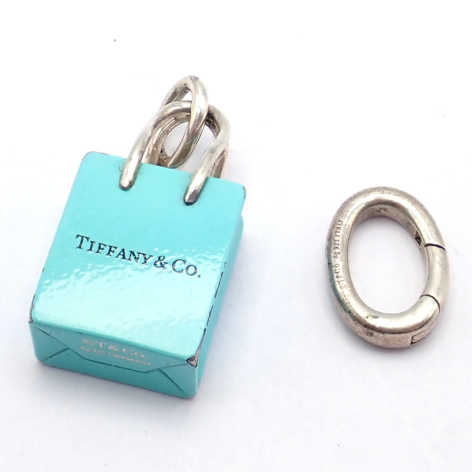 Tiffany & Co. Jewelry & Watches:Fine Jewelry:Bracelets & Charms Tiffany & Co. Enamel Shopping Bag Silver Charm Pendant + Oval Jump Ring Clasp